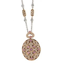 18k Gold Pink Sapphire & Diamond Oval Open Locket Pendant on 15" Link Chain