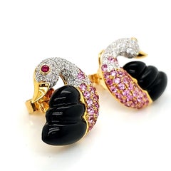 18k Gold Pink Sapphire Diamond Swan Earrings