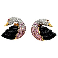 18k Gold Pink Sapphire Diamond Swan Earrings