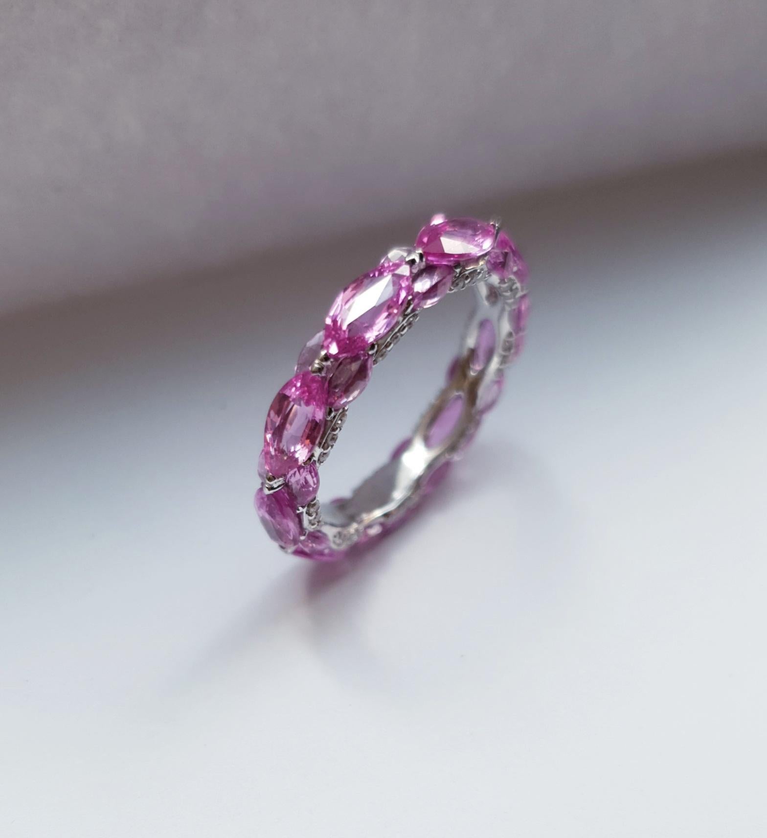 The Pink colour is forever tender, 
Slightly carefree, yet true and slender.
Pure and kind, without a blemish,
Innocent, yet from the heart, it's near.
Viktor Moisiekin

MOISEIKIN's elegant eternity ring from Harmony Collection fascinates your eyes
