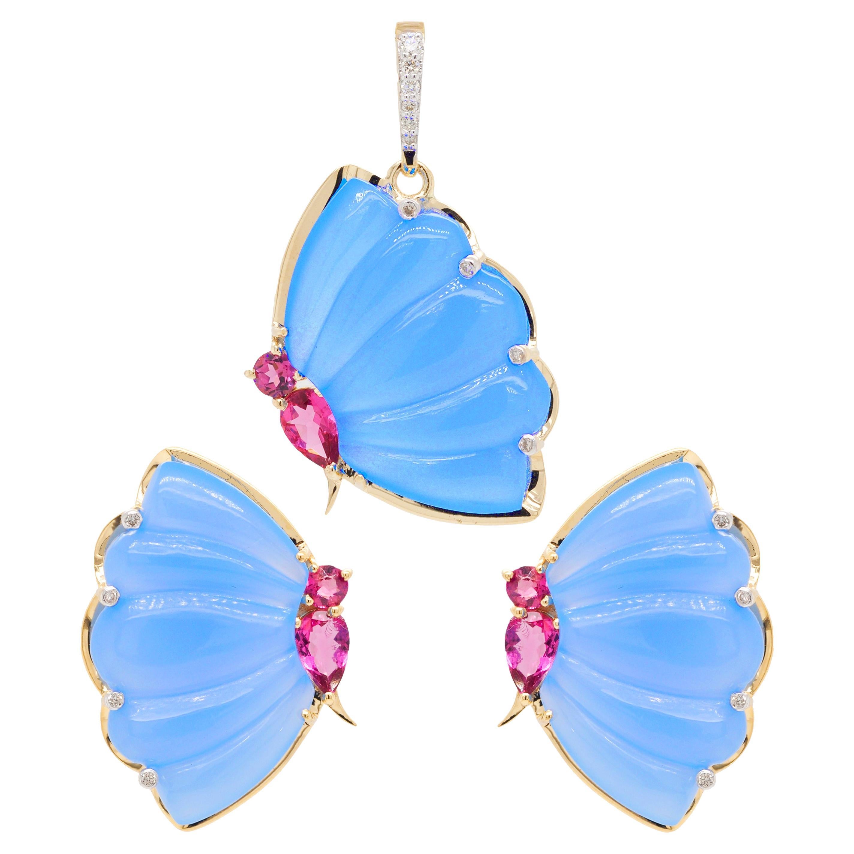18K Gold Pink Tourmaline Blue Chalcedony Butterfly Carving Pendant Stud Earrings