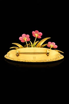 Spilla da giardino floreale in oro 18 carati con smalto e diamanti con tormalina rosa - fatta a mano su ordinazione