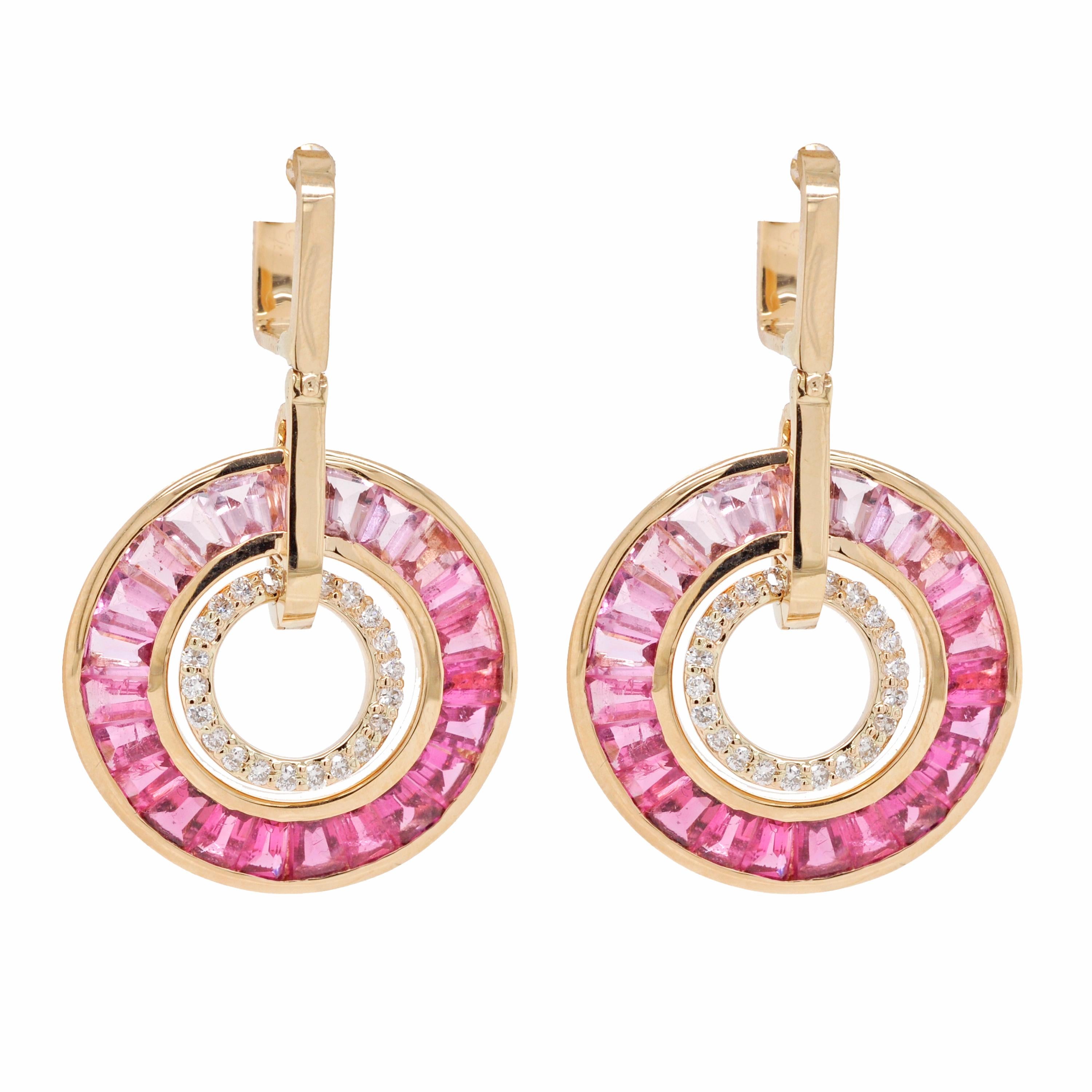 18K Gold Pink Tourmaline Taper Baguette Diamond Circle Deco Pendant Earrings Set For Sale 7