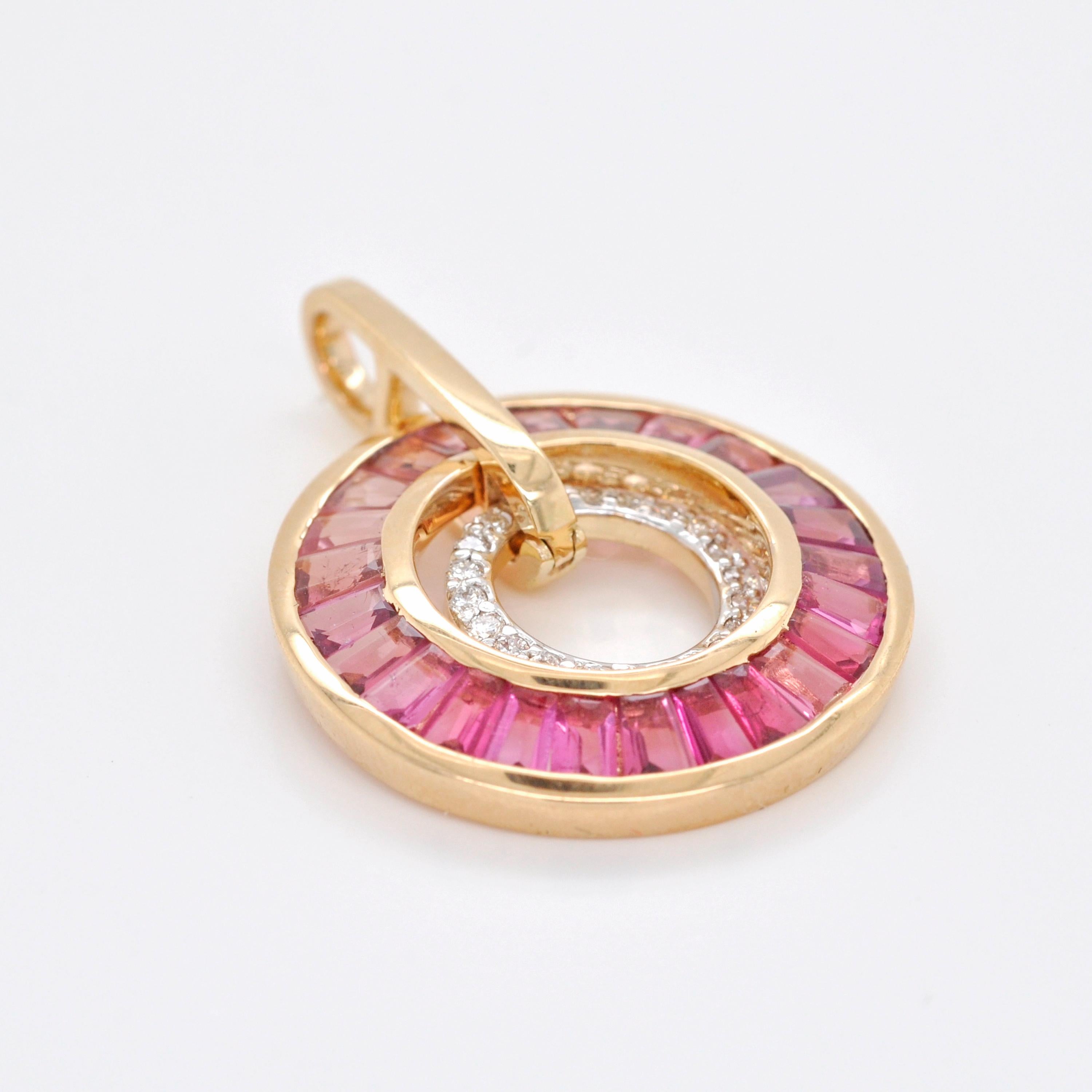 Women's 18K Gold Pink Tourmaline Taper Baguette Diamond Circle Deco Pendant Earrings Set For Sale