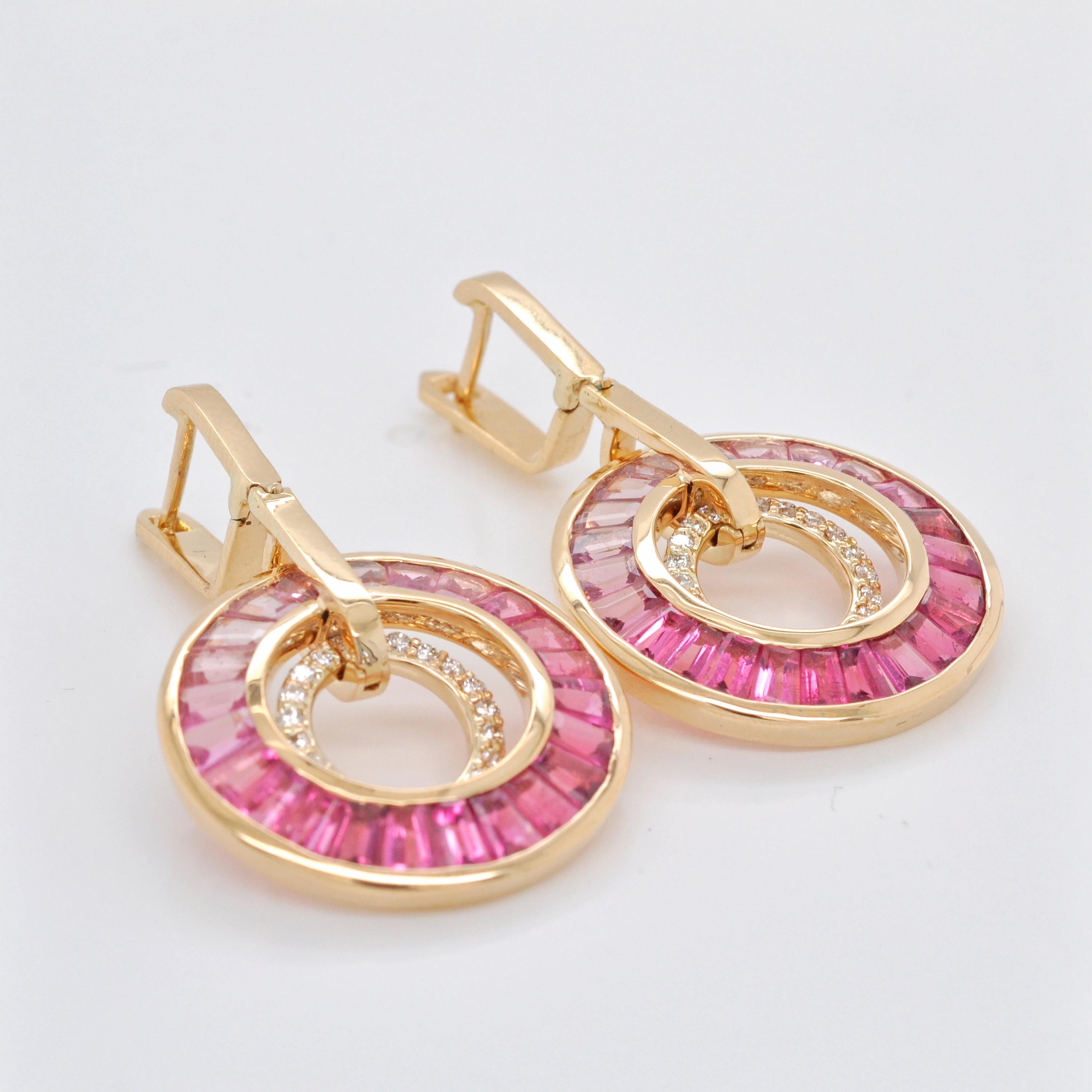 18K Gold Pink Tourmaline Taper Baguettes Diamond Circle Dangle Art Deco Earrings In New Condition For Sale In Jaipur, Rajasthan