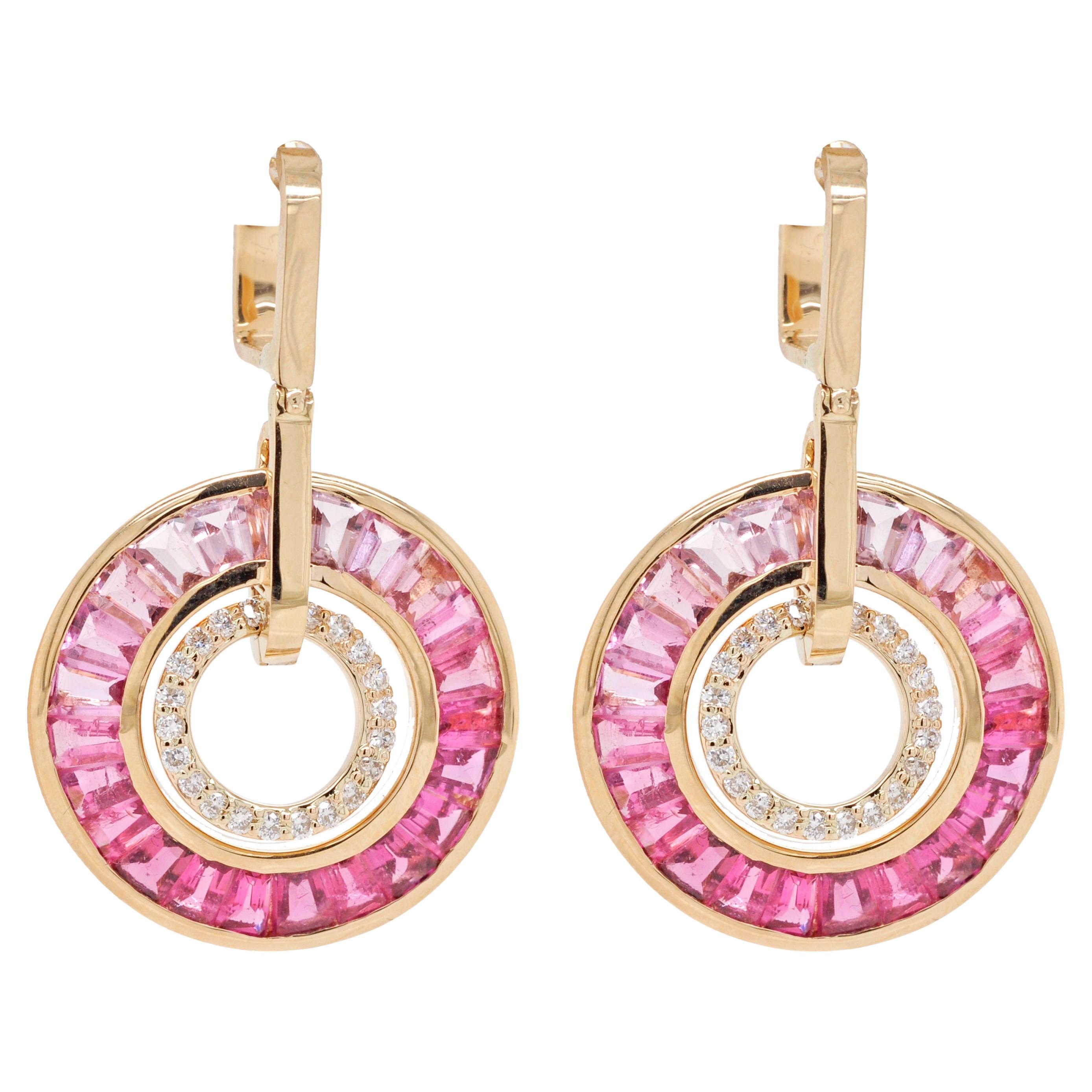 18K Gold Pink Tourmaline Taper Baguettes Diamond Circle Dangle Art Deco Earrings