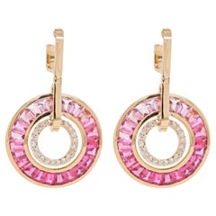 18K Gold Pink Tourmaline Taper Baguettes Diamond Circle Dangle Art Deco Earrings