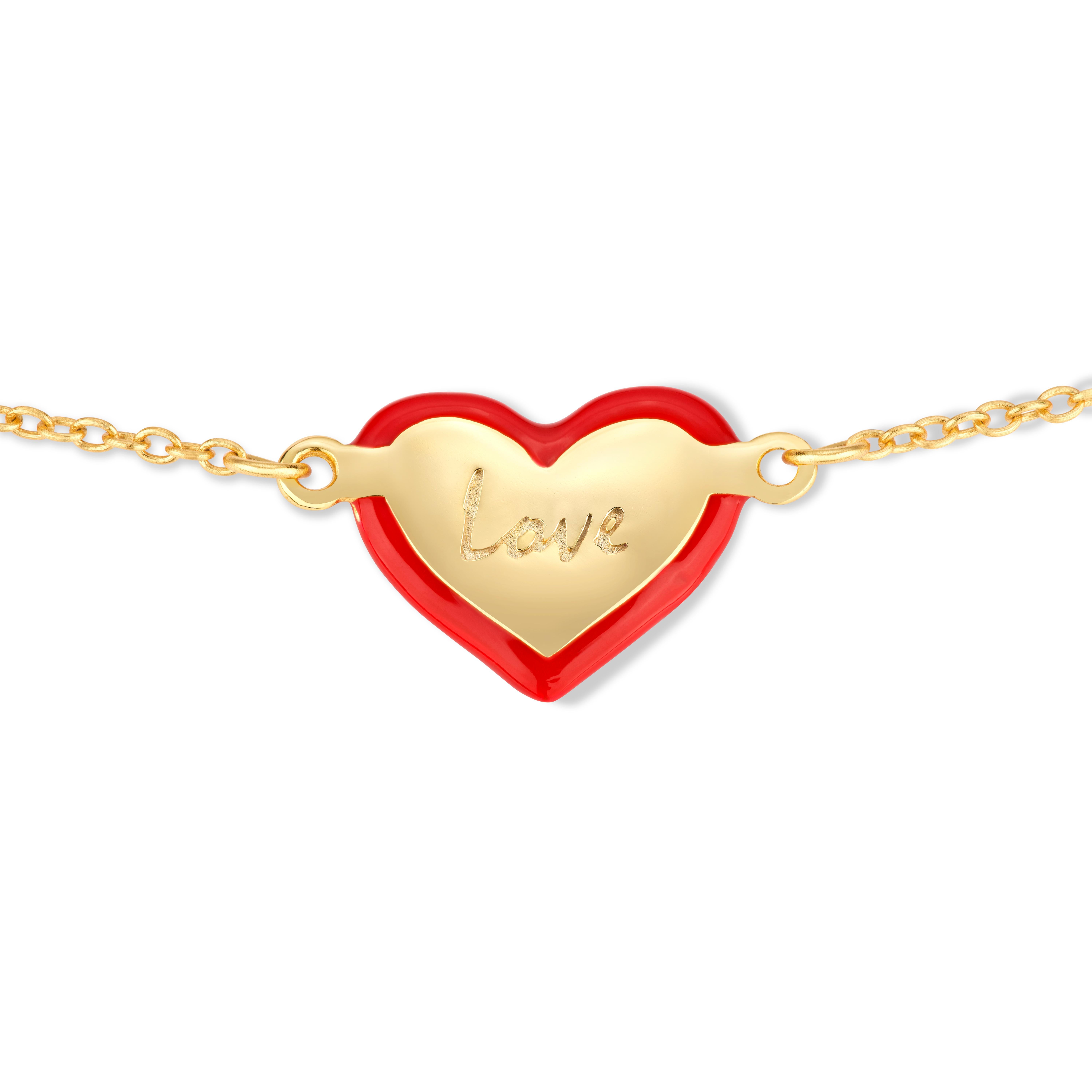 18K gold-plated 925 silver bracelet with handcrafted 3D red enamel heart  In New Condition For Sale In Boostedt, SH