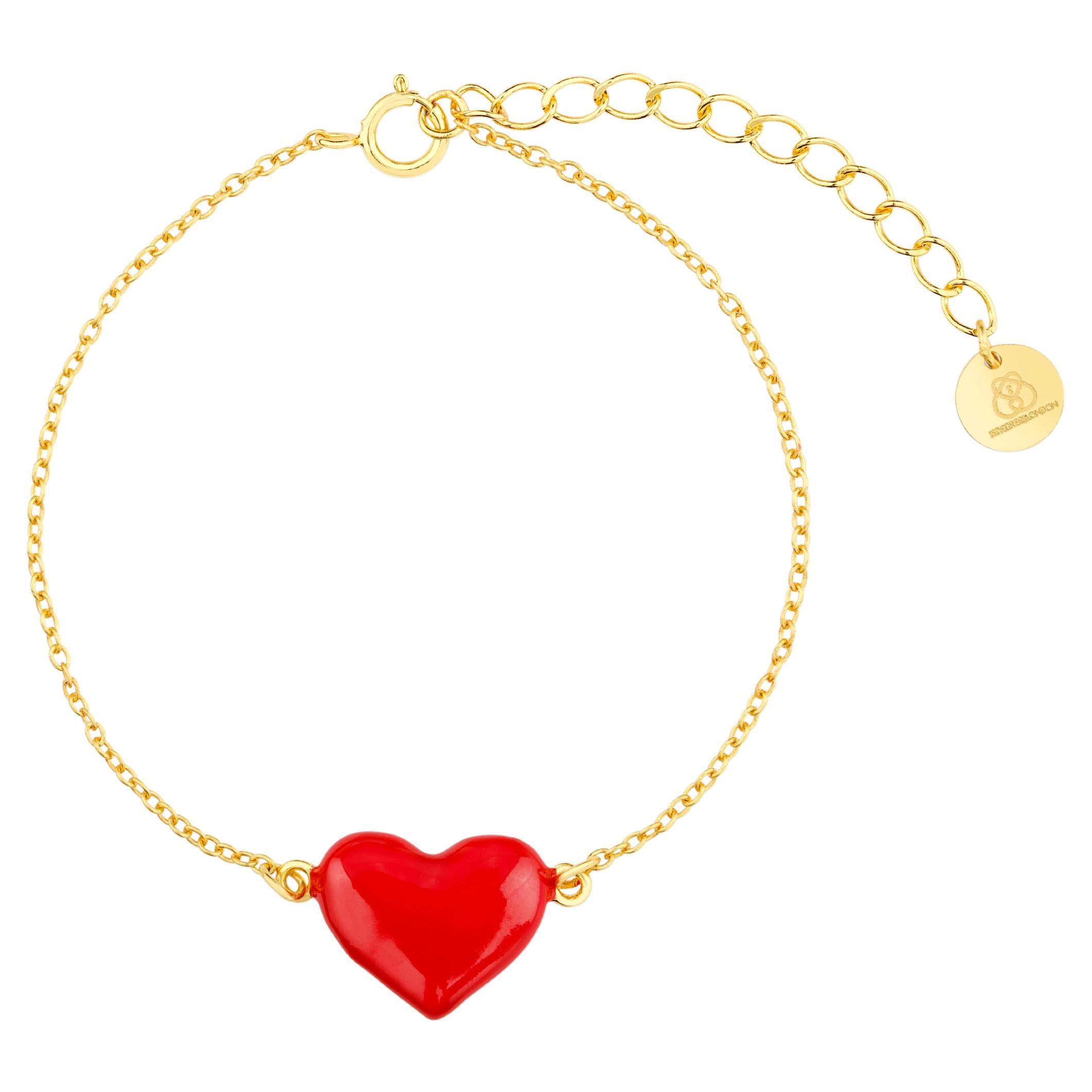 18K gold-plated 925 silver bracelet with handcrafted 3D red enamel heart  For Sale