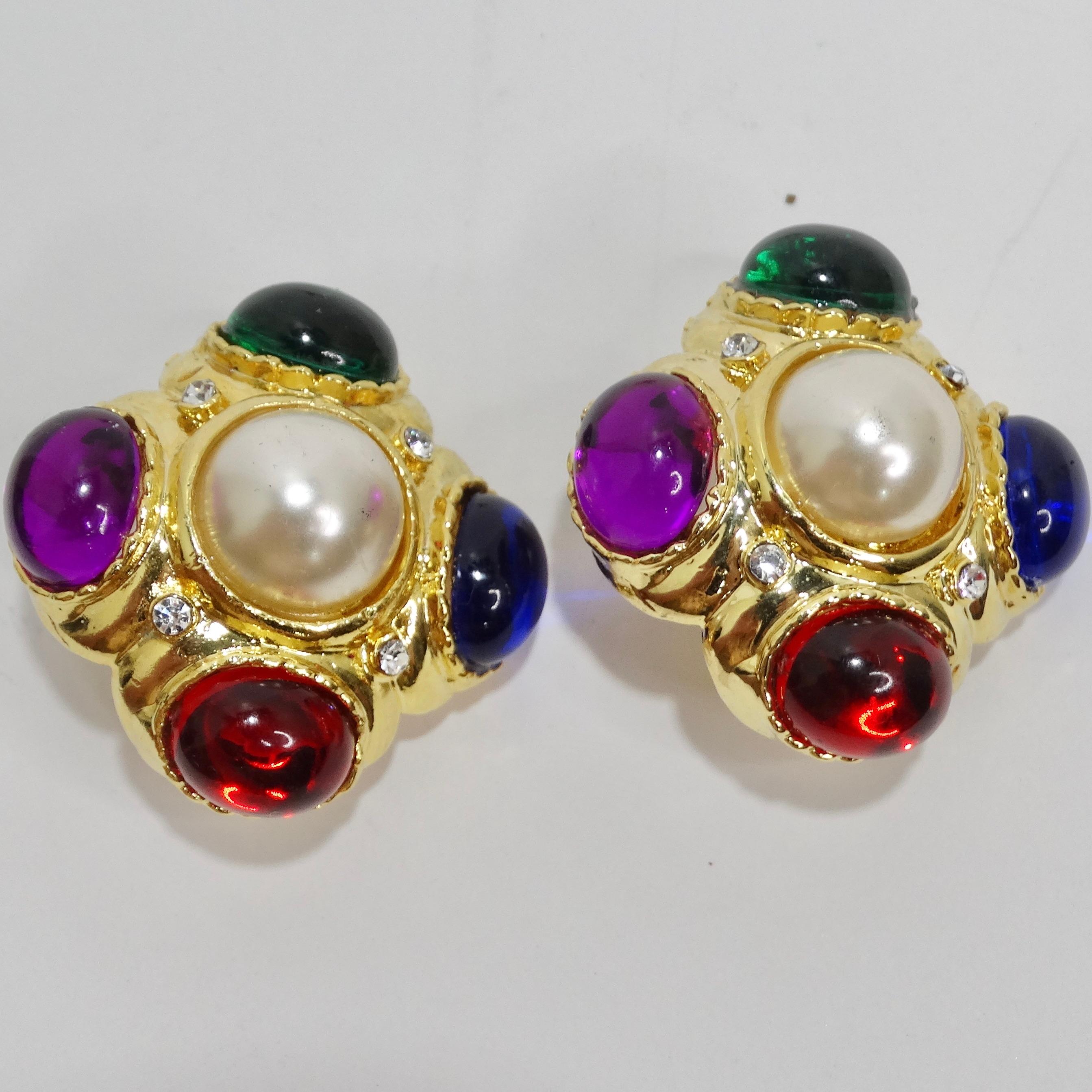 Step into the world of glamour with these 1980s 18K Gold-Plated Bulgari Inspired Clip-On Earrings. These eye-catching clip-on earrings are plated in radiant 18K gold and feature multicolored stones as the focal point, with a lustrous faux pearl at