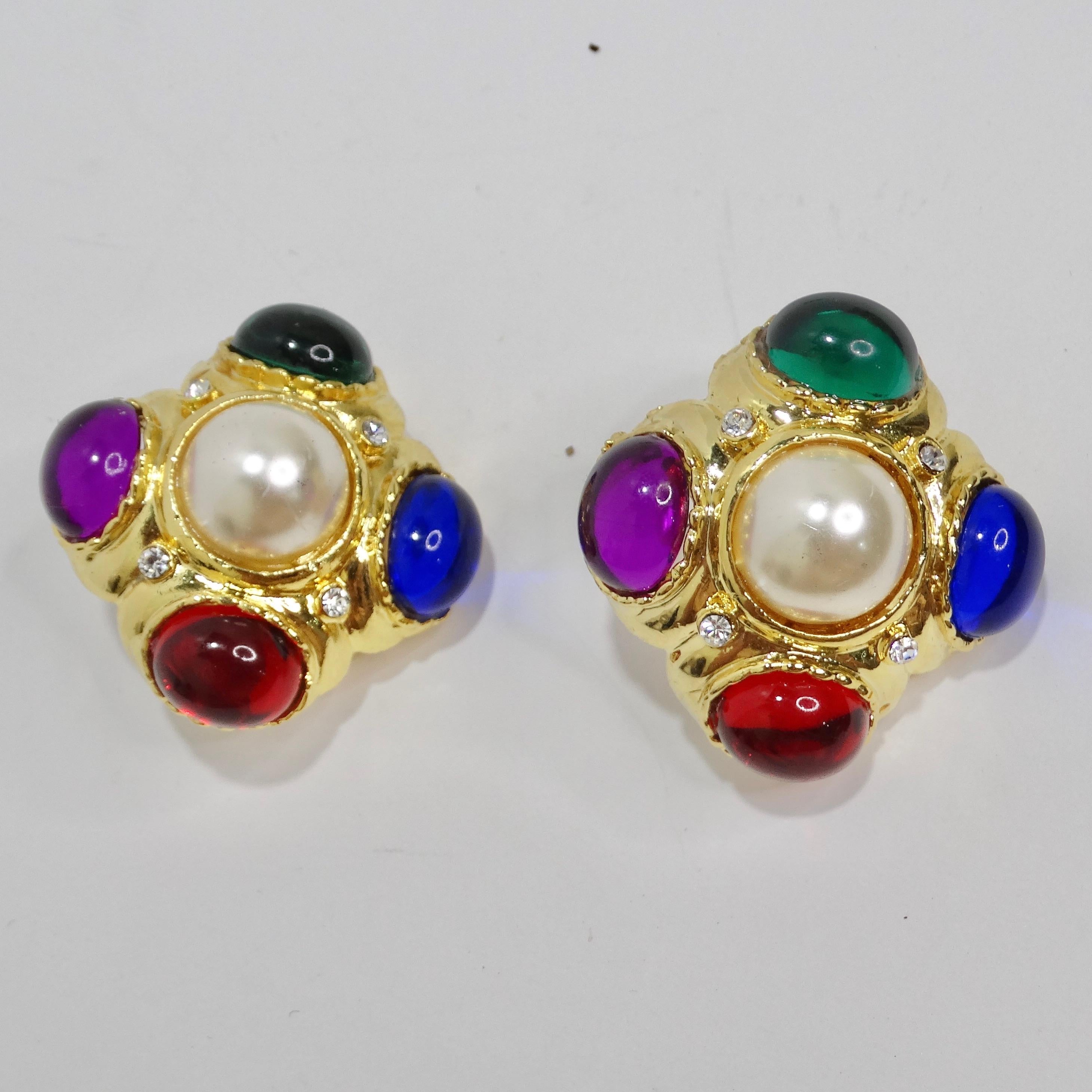 18K Gold Plated Bulgari Inspired 1980s Multi Stone Clip On Earrings In Excellent Condition In Scottsdale, AZ