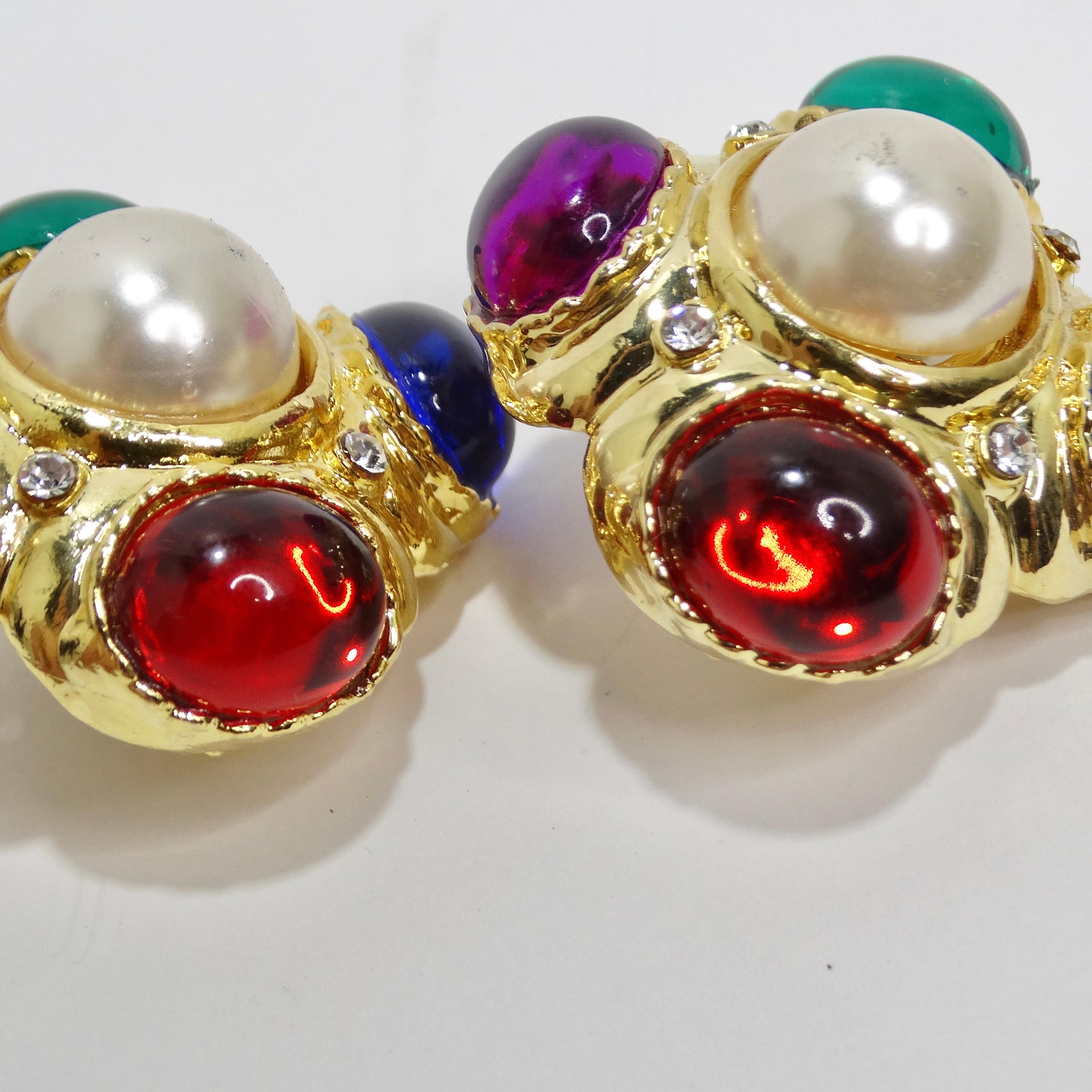 Women's or Men's 18K Gold Plated Bulgari Inspired 1980s Multi Stone Clip On Earrings