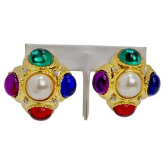 Vintage 18K Gold Plated Bulgari Inspired 1980s Multi Stone Clip On Earrings