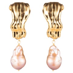 18K Gold Plated Dune Tahitian Baroque Pearl Drop Hoop Earrings by Sterling King