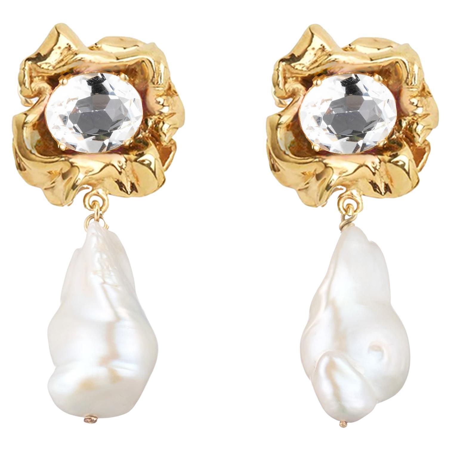 18k Gold Plated Floral Baroque Freshwater Pearl and Crystal Drop Earring For Sale