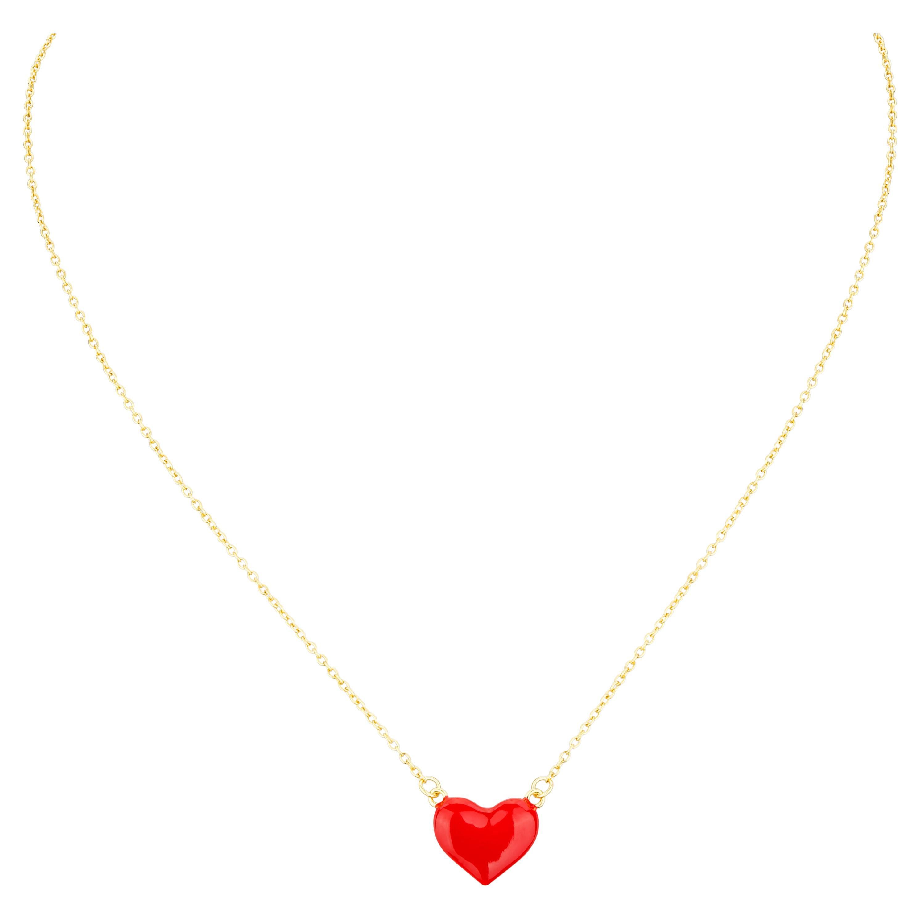 18K gold-plated 925 silver necklace with handcrafted 3D red enamel heart For Sale