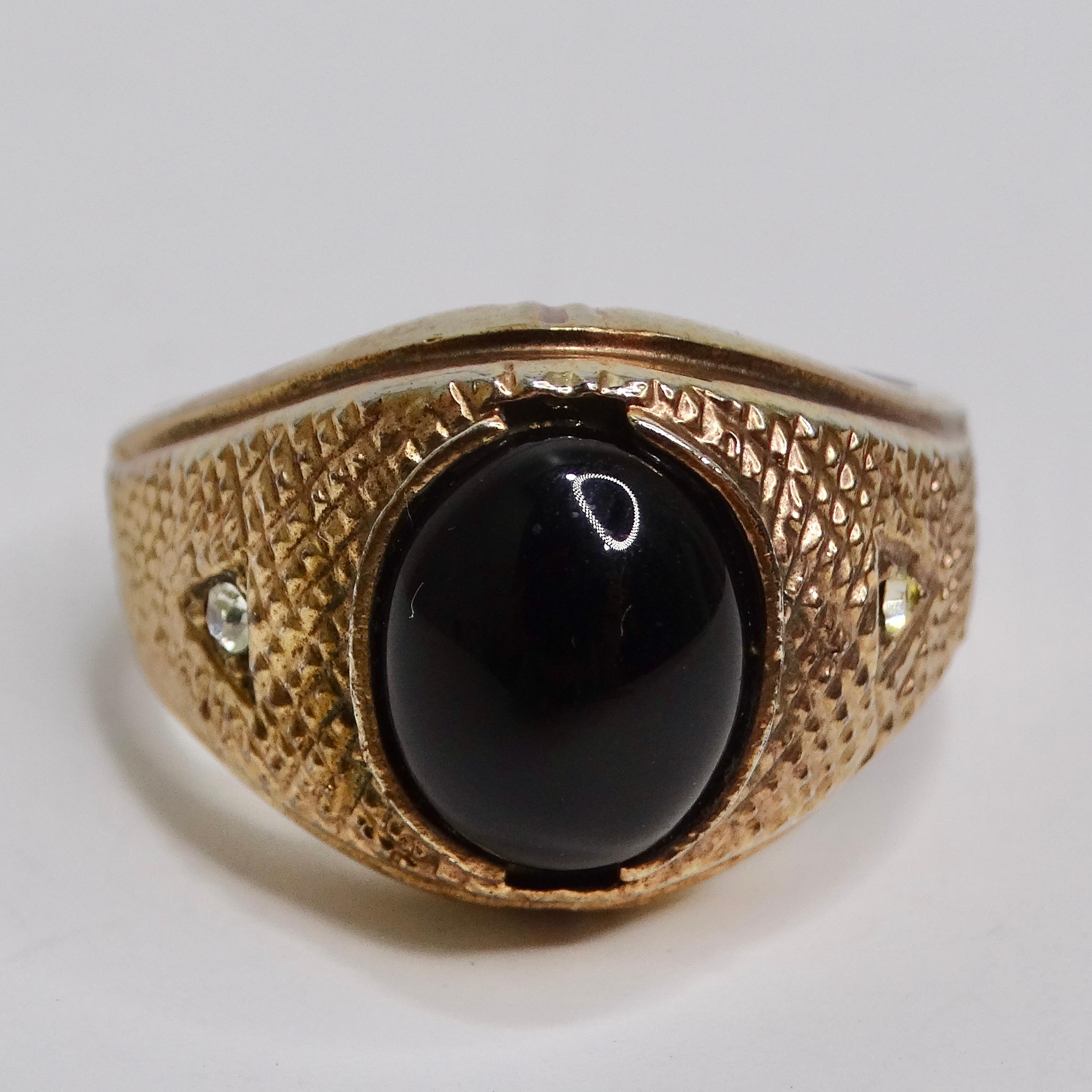 18K Gold Plated Onyx Stone Mens Ring Circa 1960 In Excellent Condition For Sale In Scottsdale, AZ