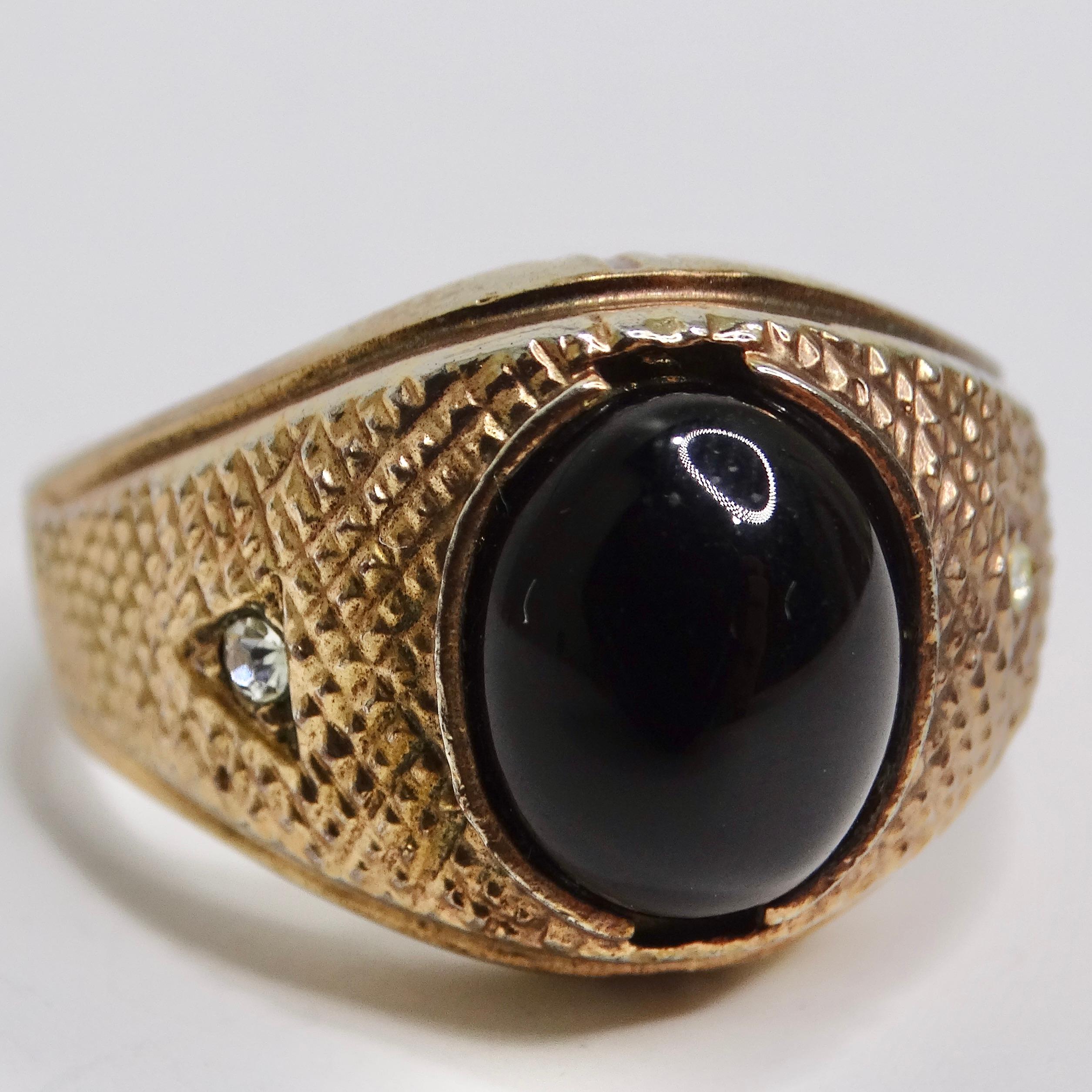Women's or Men's 18K Gold Plated Onyx Stone Mens Ring Circa 1960 For Sale