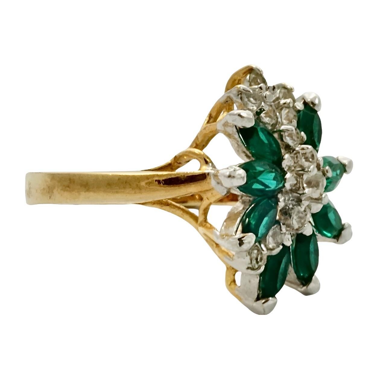 Women's or Men's 18K Gold Plated Ring with Faux Emeralds and Faux Diamonds For Sale