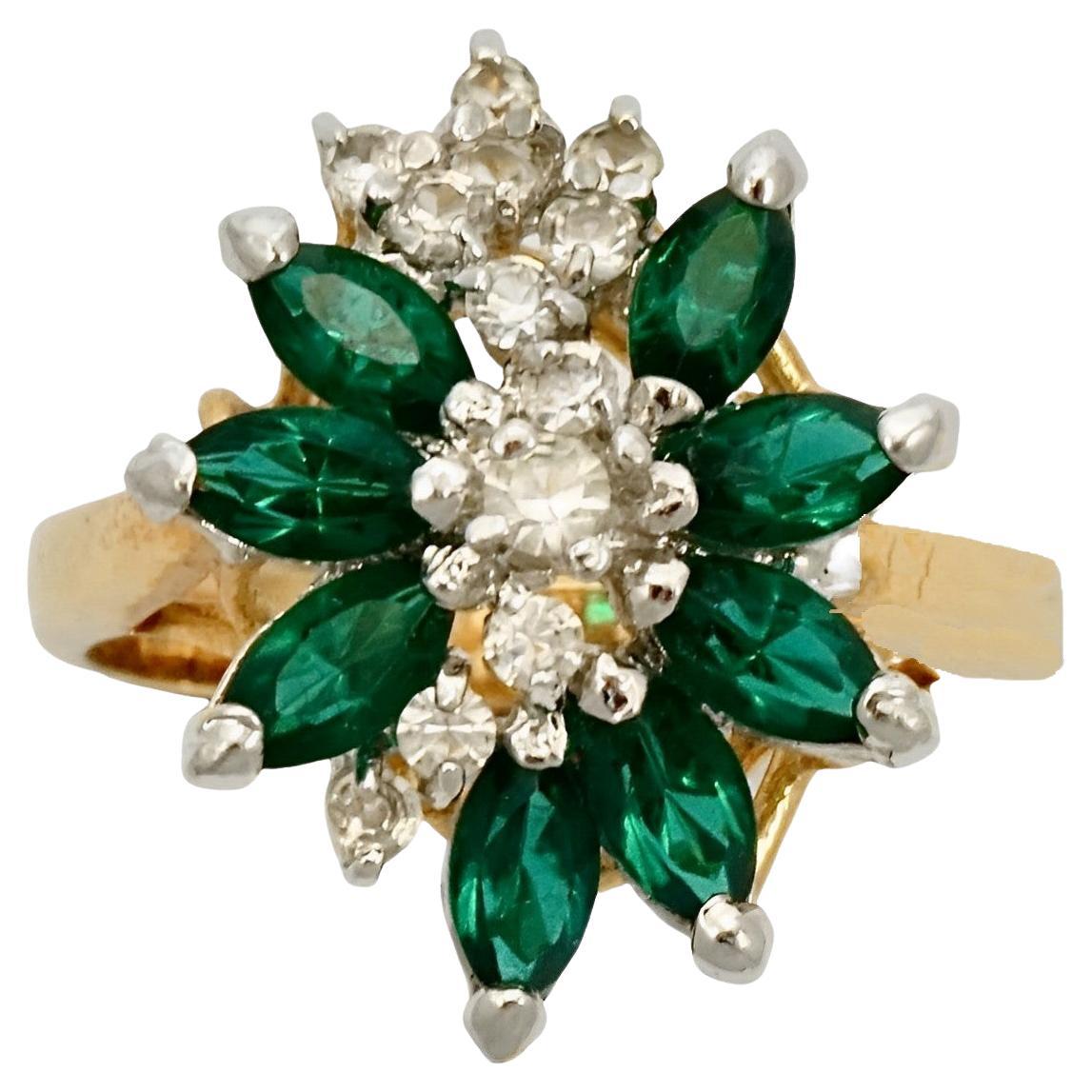18K Gold Plated Ring with Faux Emeralds and Faux Diamonds For Sale