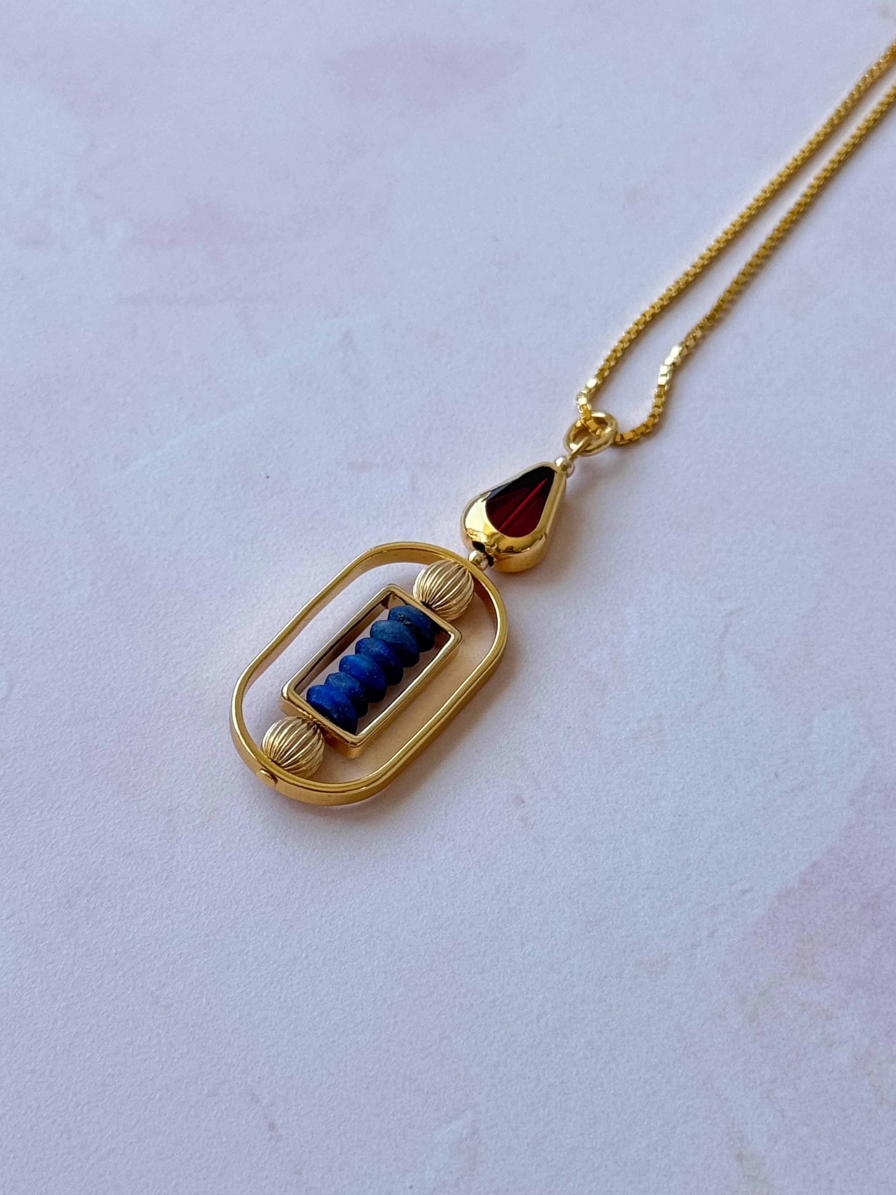 Art Deco 18K Gold-plated Silver Art x Lapis Lazuli Gemstone Necklace For Sale