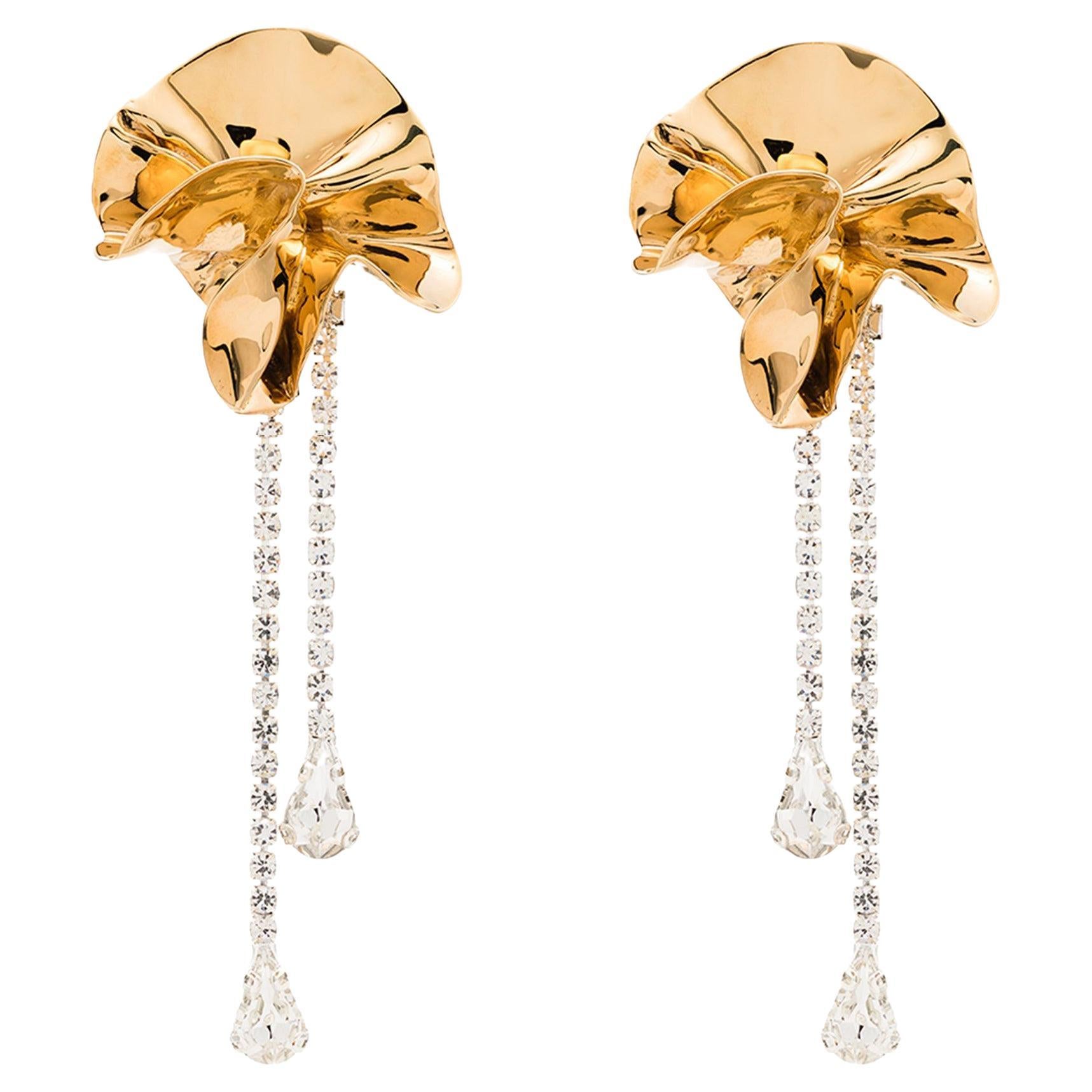18k Gold-Plated Sylvia Crystal Drop Sculpted Statement Earrings For Sale