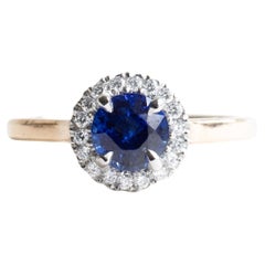 18k Gold Platinum 1 Carat Sapphire Two Tone Ring, Sapphire Halo Engagement Ring