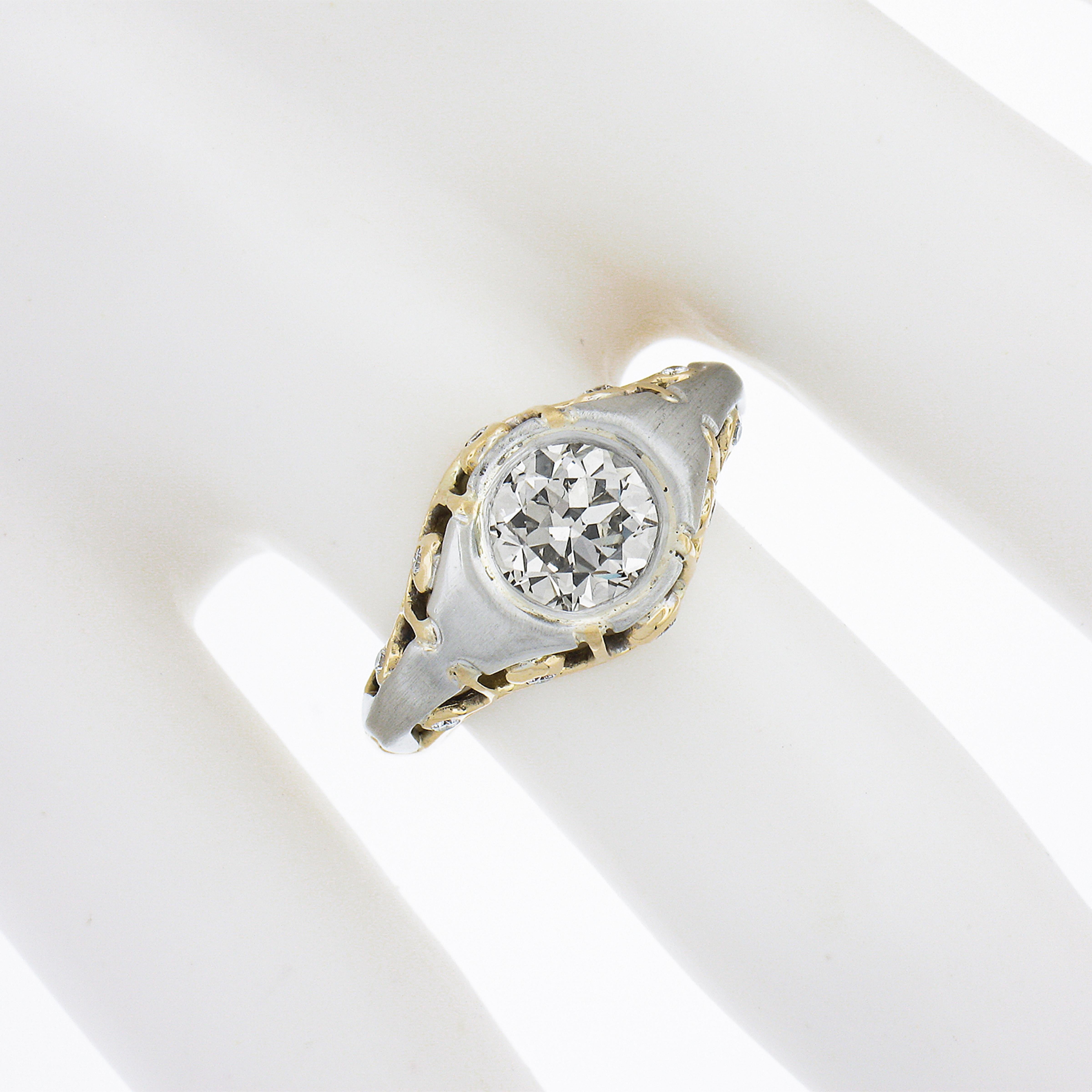 18K Gold & Platinum 1.18ct Old European Cut Diamond Solitaire Open Work Ring In Good Condition For Sale In Montclair, NJ