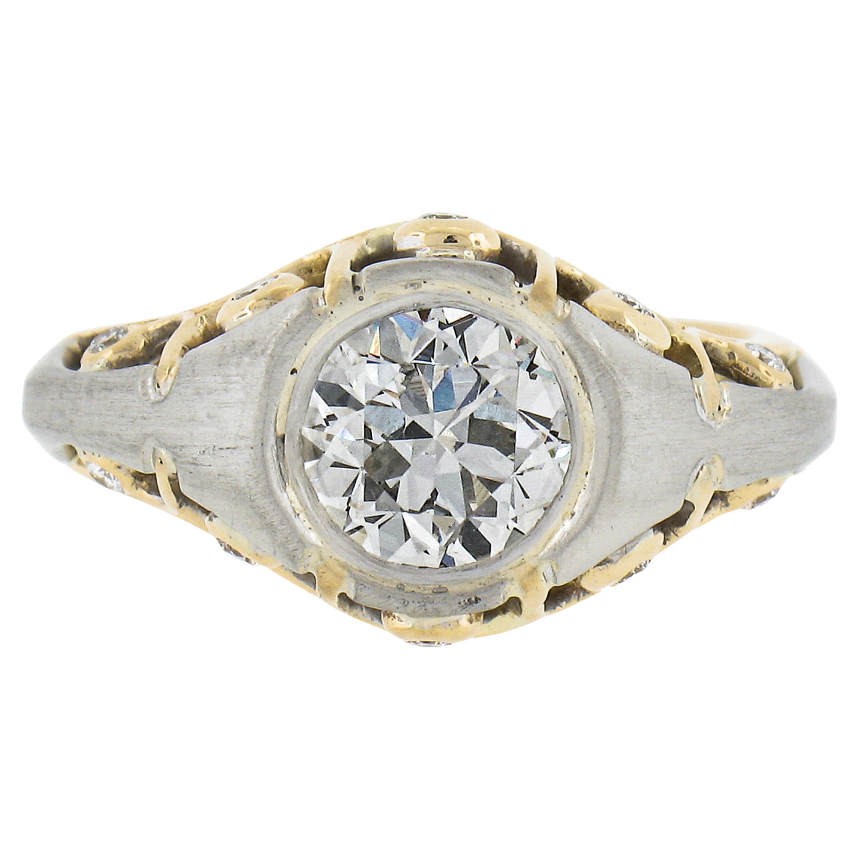 18K Gold & Platinum 1.18ct Old European Cut Diamond Solitaire Open Work Ring For Sale