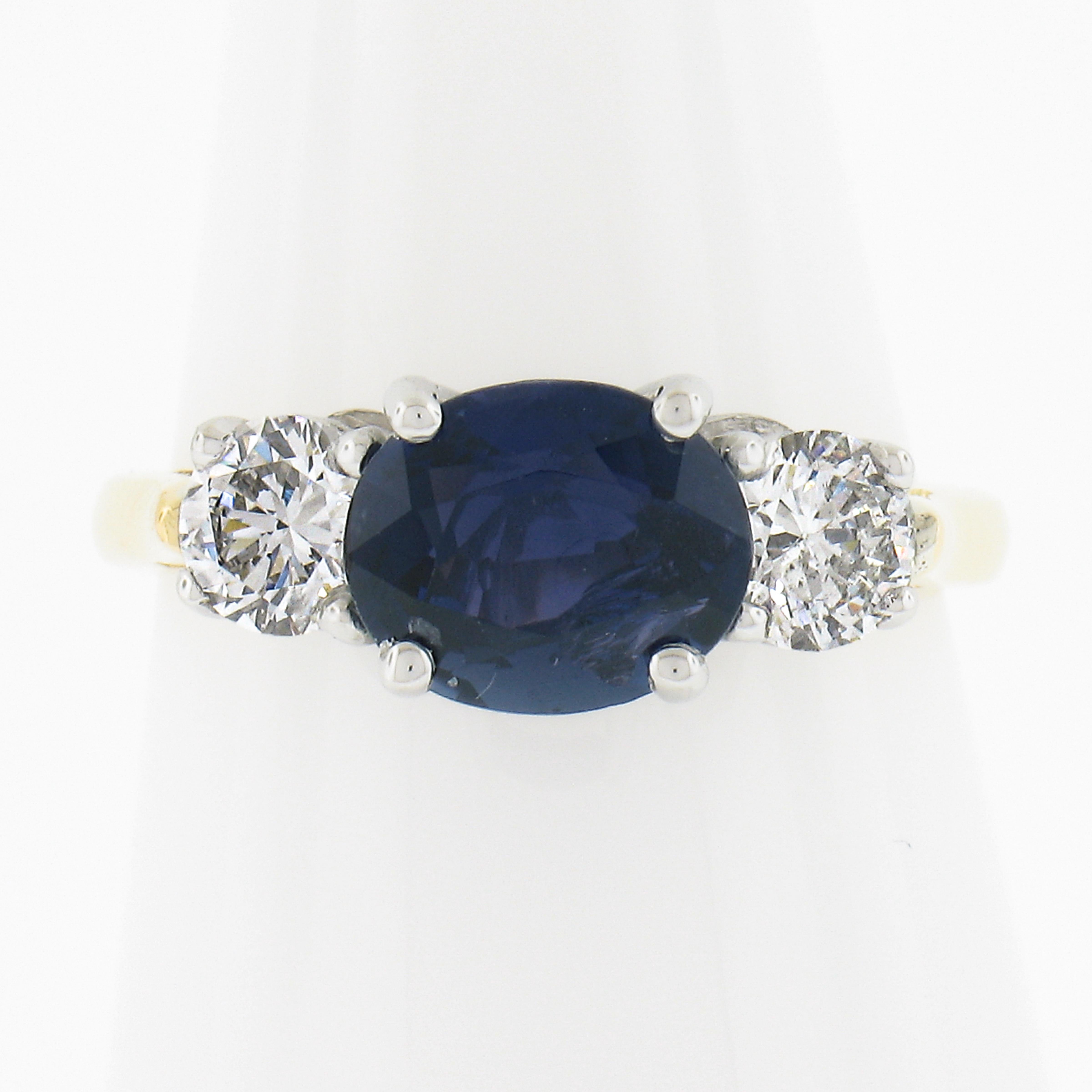 Oval Cut 18k Gold & Platinum 1.94ctw Gia No Heat Burma Sapphire W/ Diamond Sideways Ring For Sale