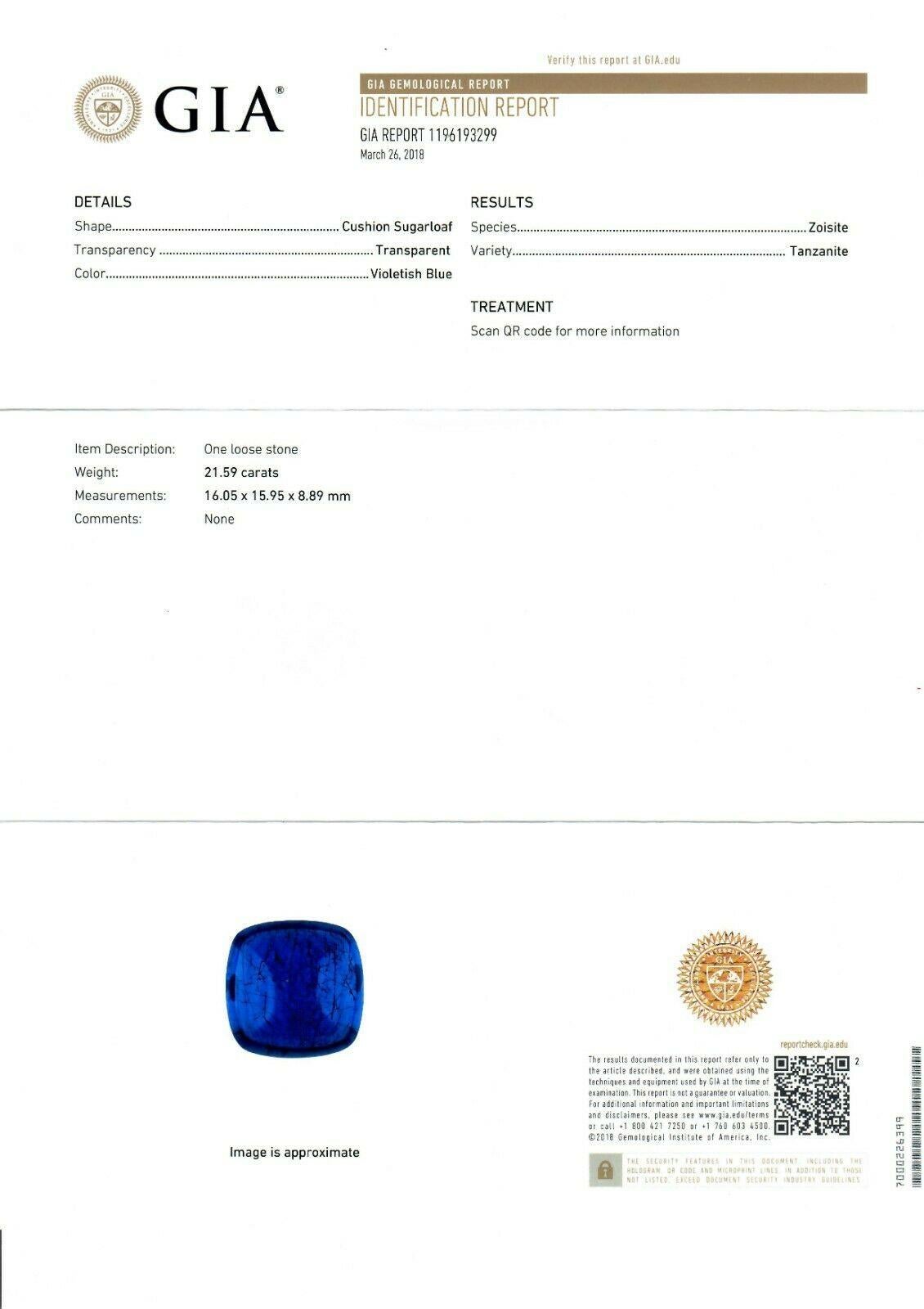 18k Gold & Platinum 21.59ct GIA Cushion Sugarloaf Violetish Blue Tanzanite Ring 6