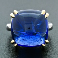 18k Gold & Platinum 21.59ct GIA Cushion Sugarloaf Violetish Blue Tanzanite Ring