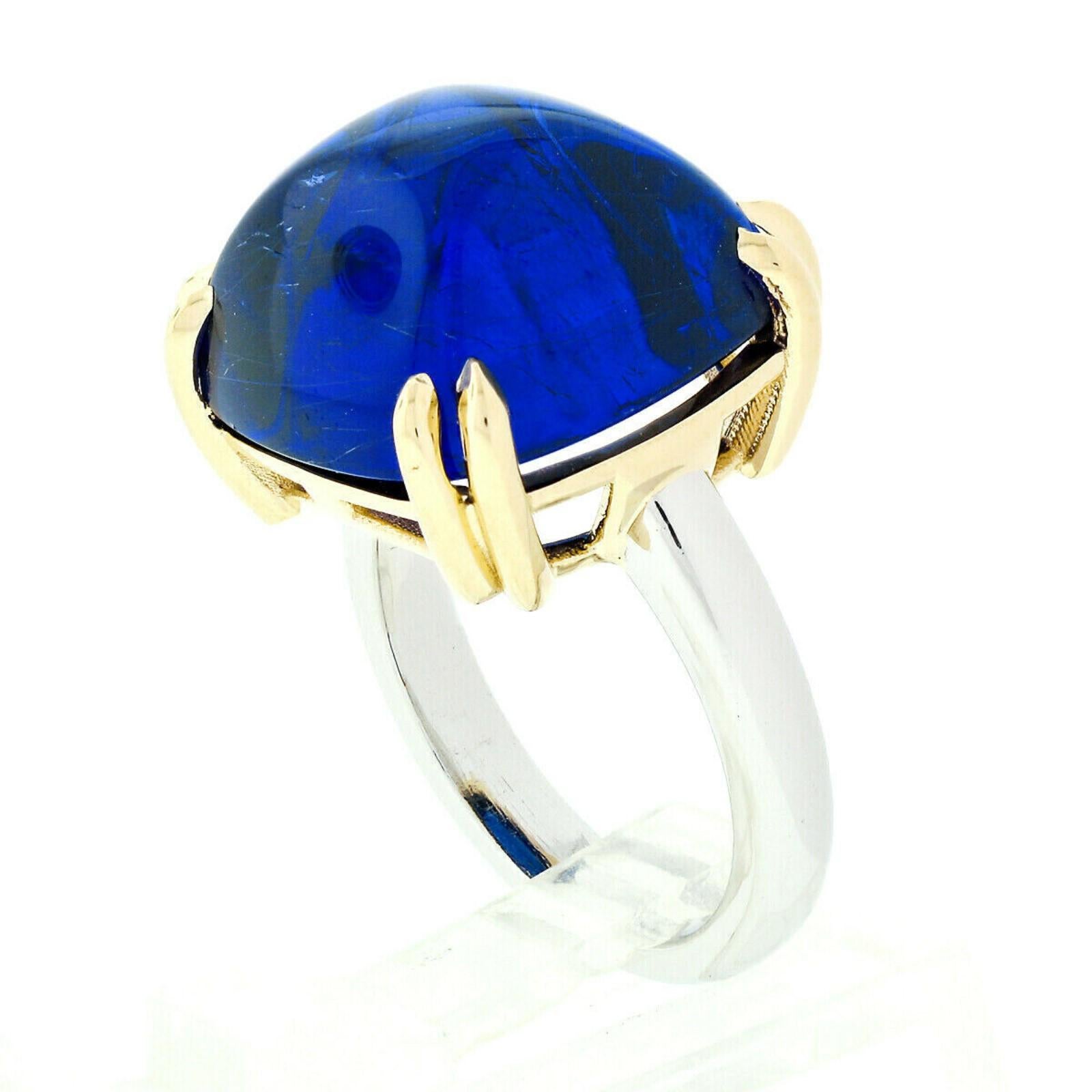 Women's 18k Gold & Platinum 21.59ct GIA Cushion Sugarloaf Violetish Blue Tanzanite Ring