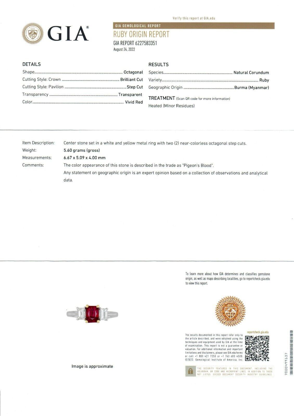 18K Gold & Platinum 2.15ctw GIA Burma VIVID RED Ruby & Emerald Cut Diamond Ring For Sale 5