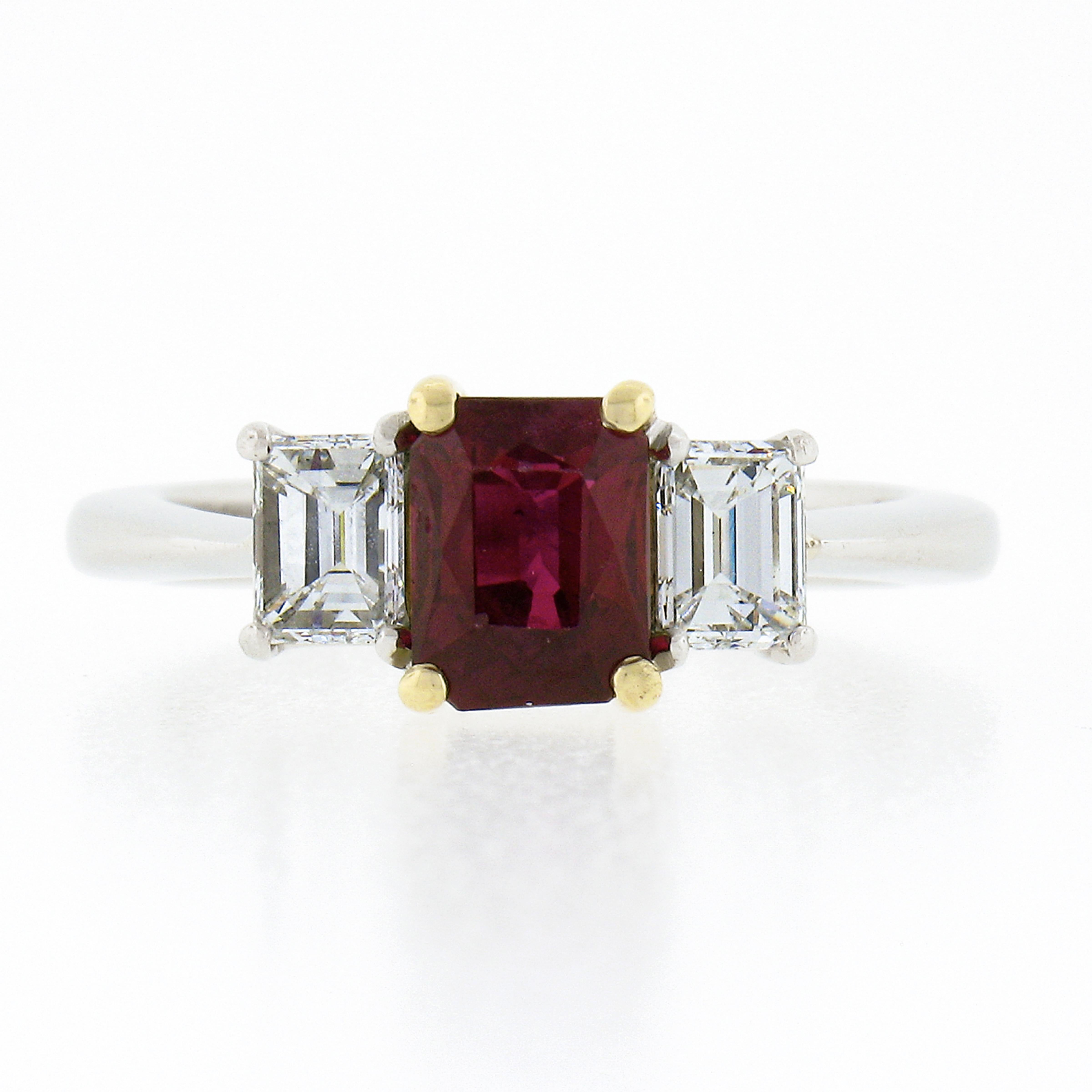 Octagon Cut 18K Gold & Platinum 2.15ctw GIA Burma VIVID RED Ruby & Emerald Cut Diamond Ring For Sale