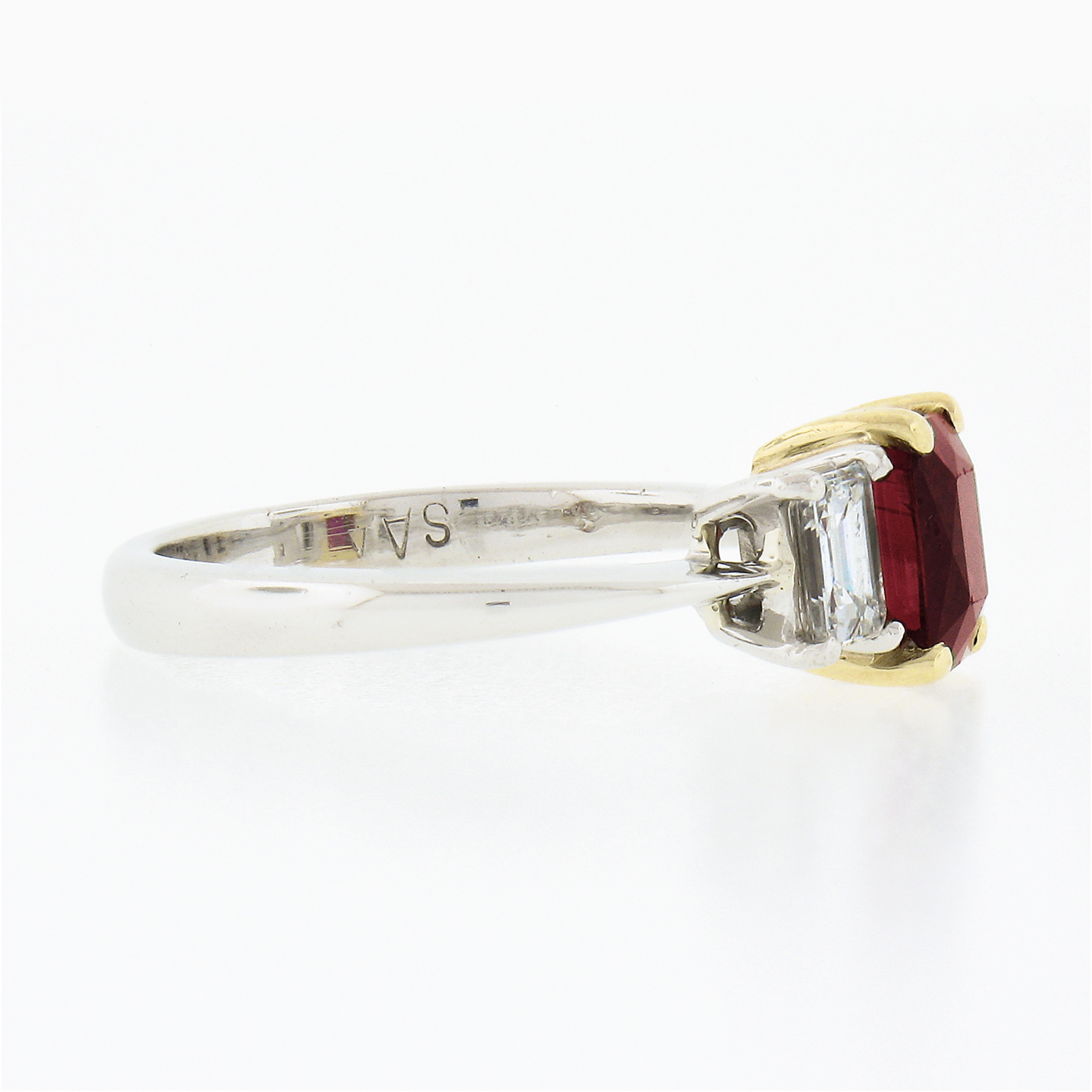 18K Gold & Platinum 2.15ctw GIA Burma VIVID RED Ruby & Emerald Cut Diamond Ring In Good Condition For Sale In Montclair, NJ