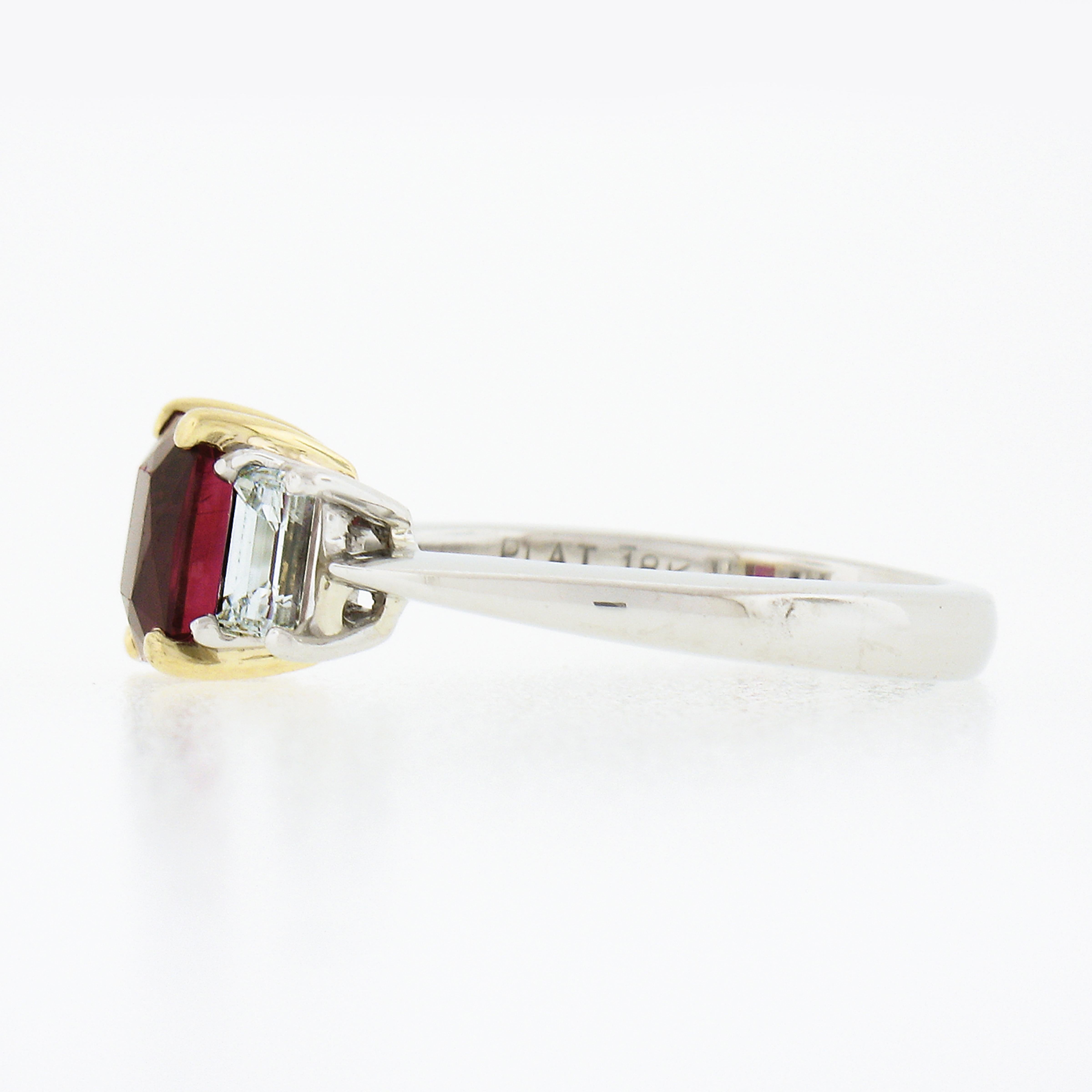 Women's 18K Gold & Platinum 2.15ctw GIA Burma VIVID RED Ruby & Emerald Cut Diamond Ring For Sale
