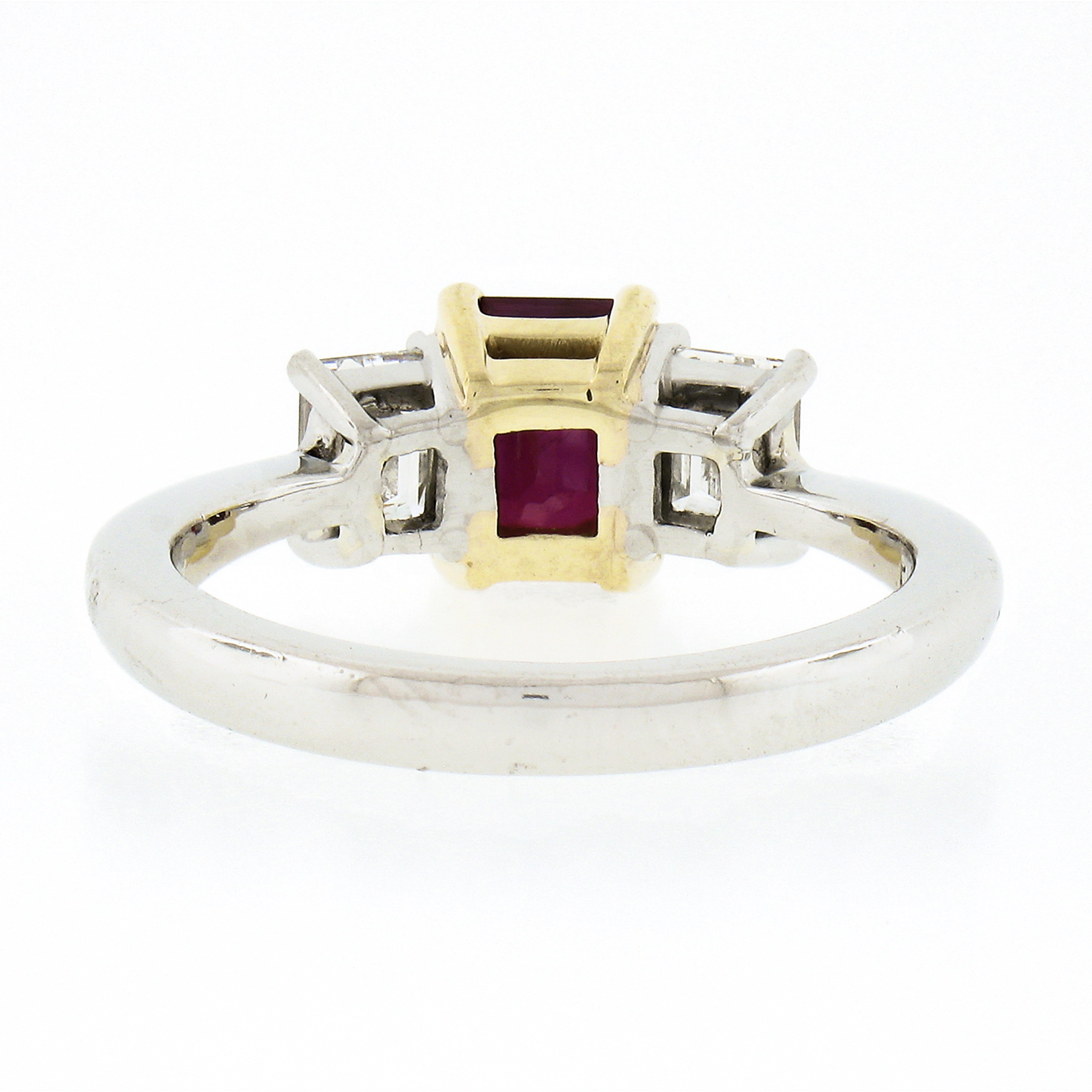 18K Gold & Platinum 2.15ctw GIA Burma VIVID RED Ruby & Emerald Cut Diamond Ring For Sale 1