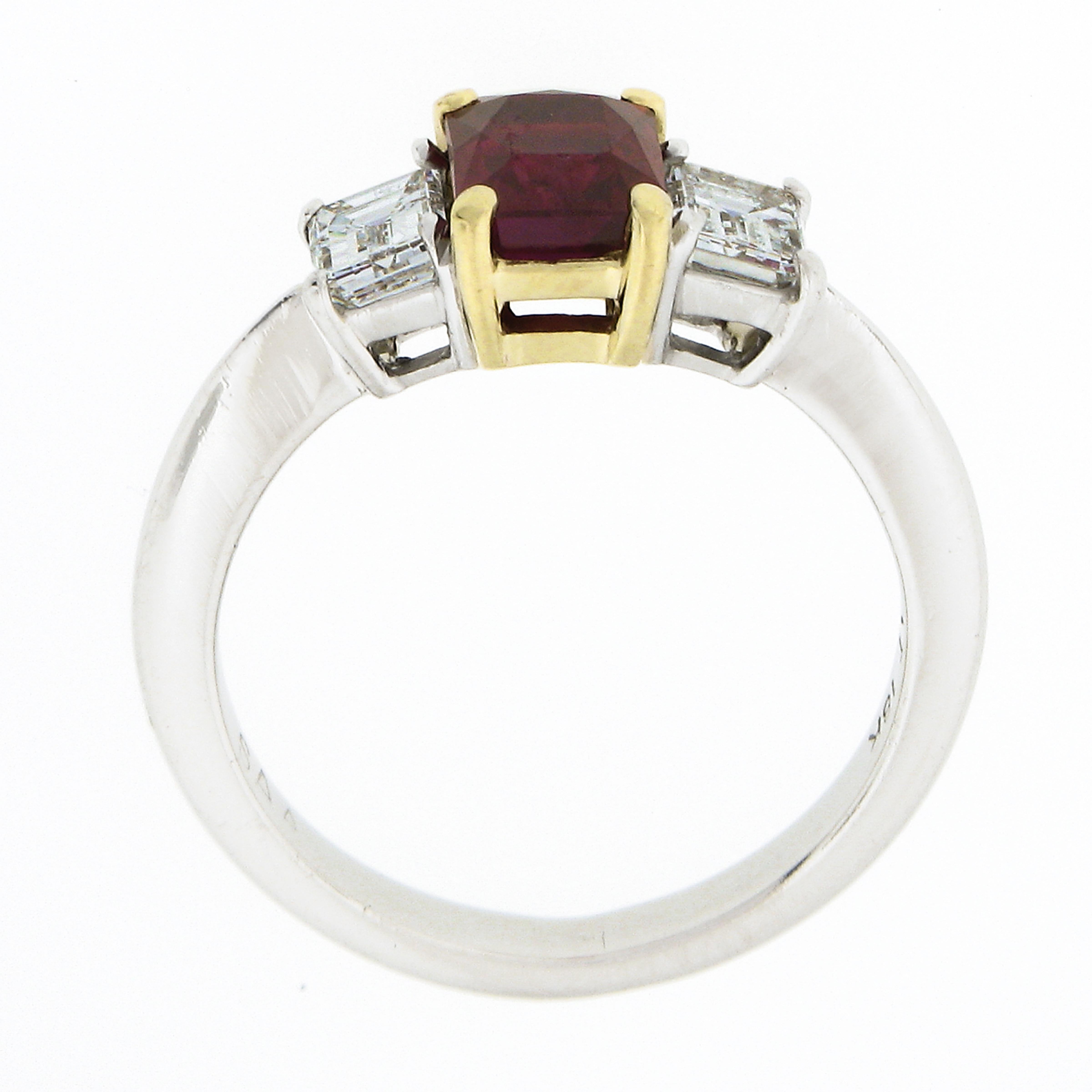 18K Gold & Platinum 2.15ctw GIA Burma VIVID RED Ruby & Emerald Cut Diamond Ring For Sale 2