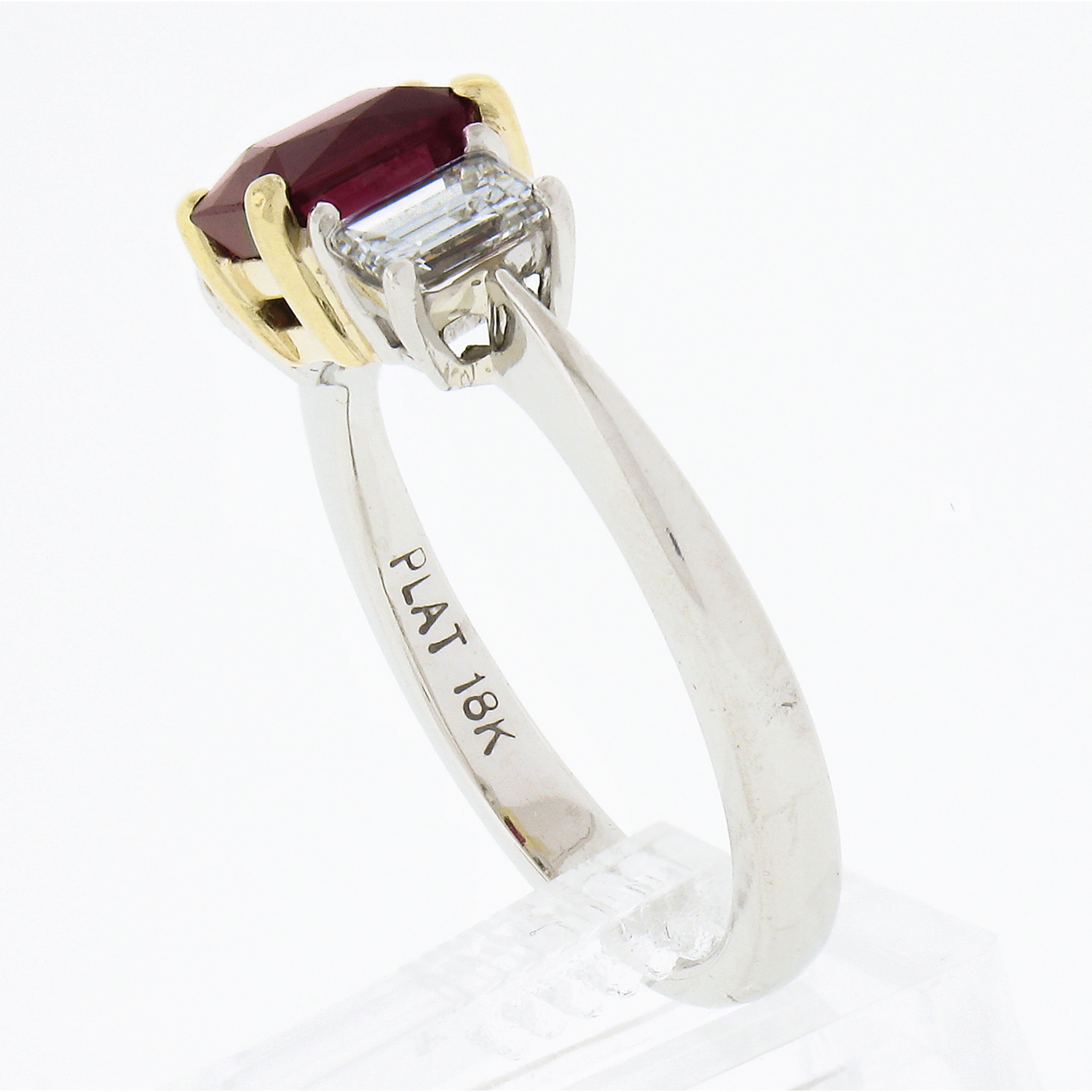 18K Gold & Platinum 2.15ctw GIA Burma VIVID RED Ruby & Emerald Cut Diamond Ring For Sale 3
