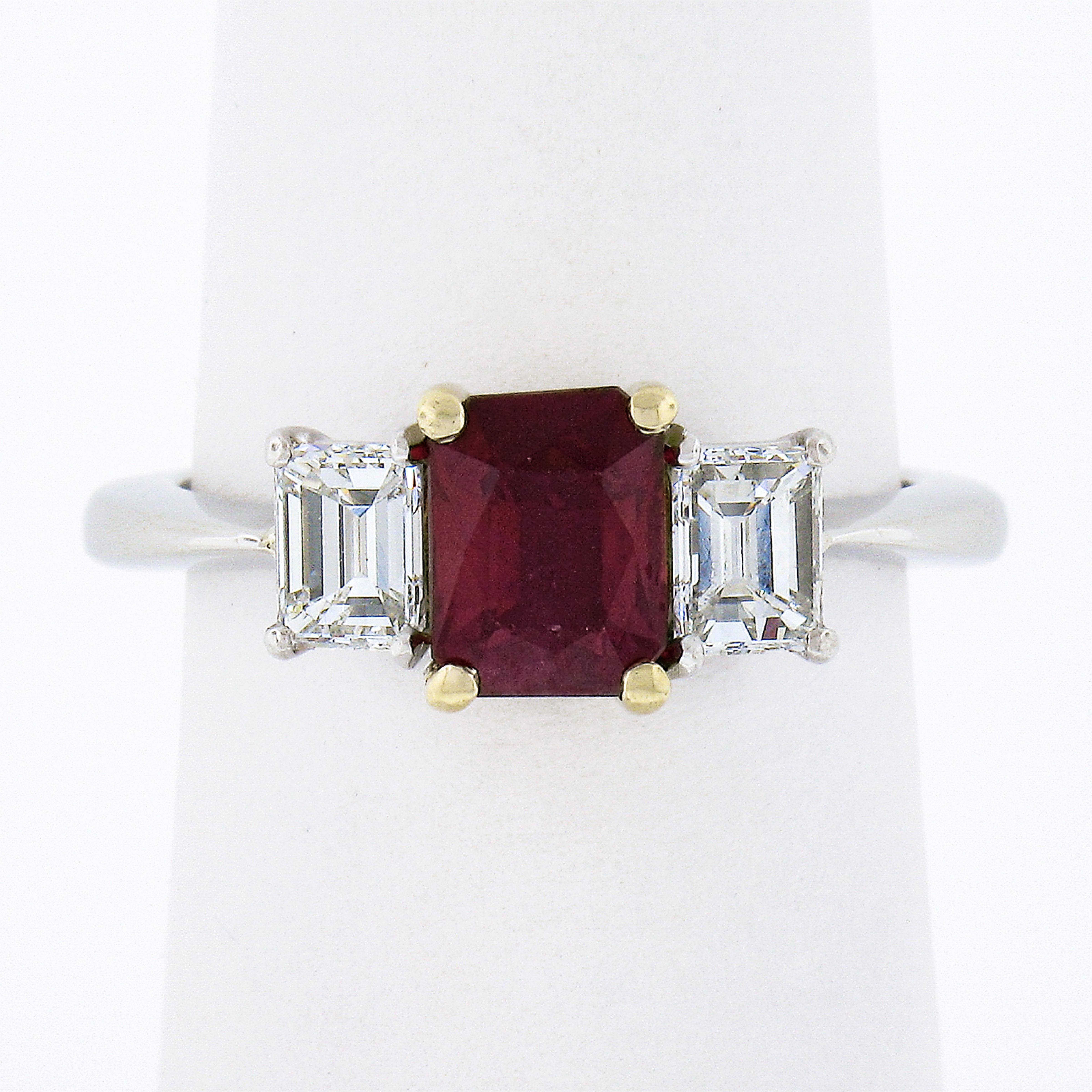 18K Gold & Platinum 2.15ctw GIA Burma VIVID RED Ruby & Emerald Cut Diamond Ring For Sale