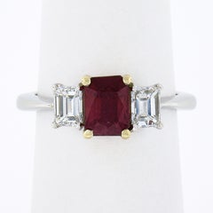 18K Gold & Platinum 2.15ctw GIA Burma VIVID RED Ruby & Emerald Cut Diamond Ring
