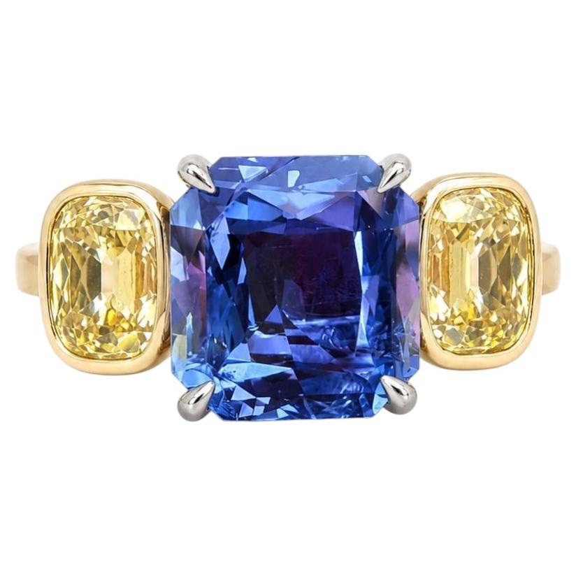 18k Gold & Platinum 5.51ctw GIA Sapphire Old Mine Cut Yellow Diamond Bezel Ring For Sale