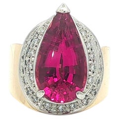18k Gold & Platinum 6.24ctw GIA Large Pear Rubellite Tourmaline & Diamond Ring