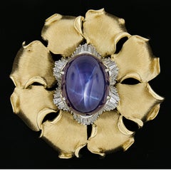 18K Gold & Platinum 95.53ctw AGL Star Sapphire & Diamond Brushed Flower Pendant
