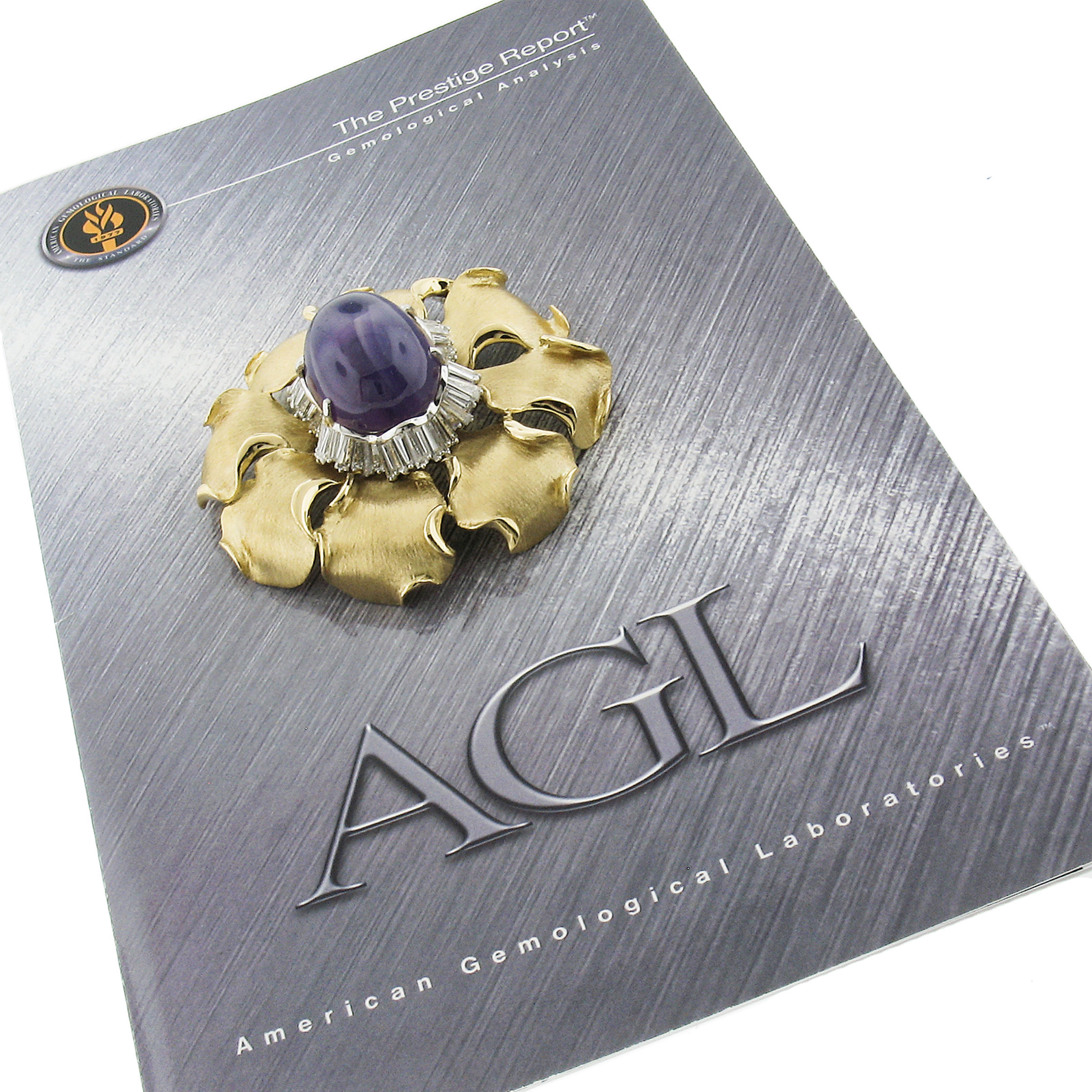 18K Gold & Platinum 95.53ctw AGL Star Sapphire & Diamond Brushed Flower Pendant For Sale 2