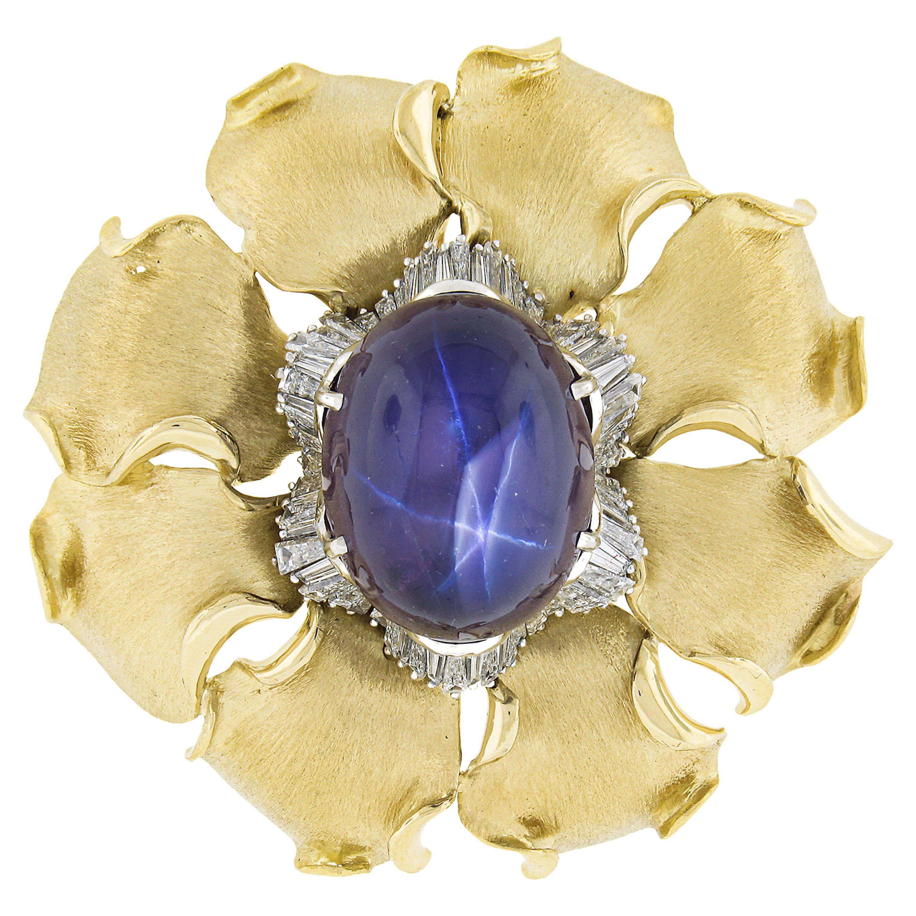18K Gold & Platinum 95.53ctw AGL Star Sapphire & Diamond Brushed Flower Pendant For Sale