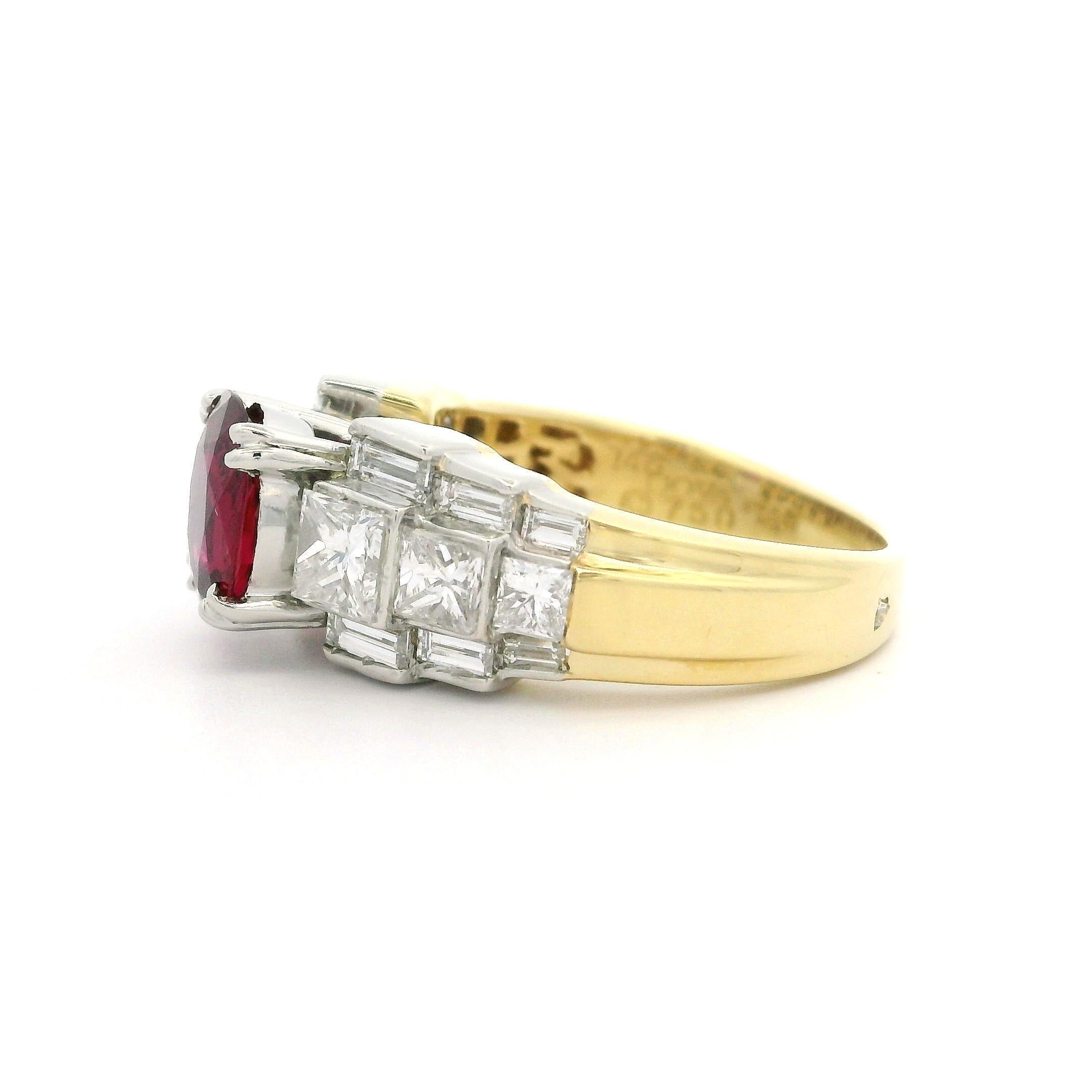 Anillo de oro de 18 quilates y platino AIGS de 2,74 quilates de rubíes y diamantes de lados graduados sin calor 7