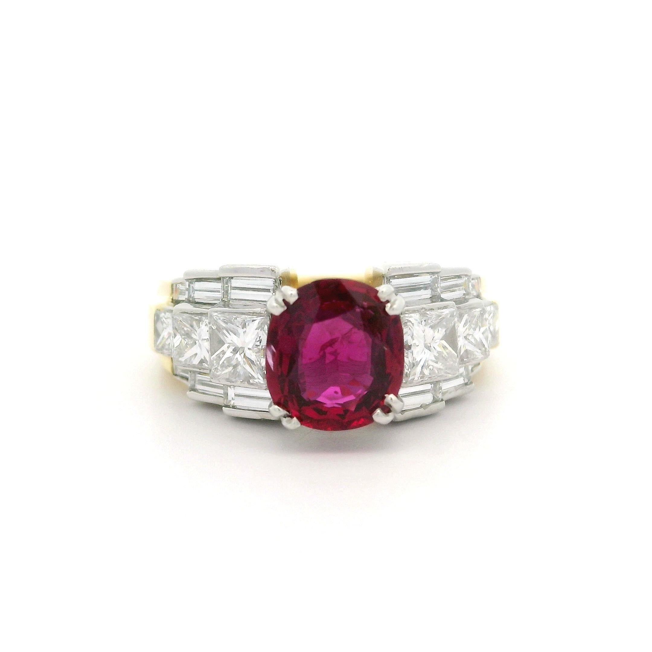 Anillo de oro de 18 quilates y platino AIGS de 2,74 quilates de rubíes y diamantes de lados graduados sin calor 9