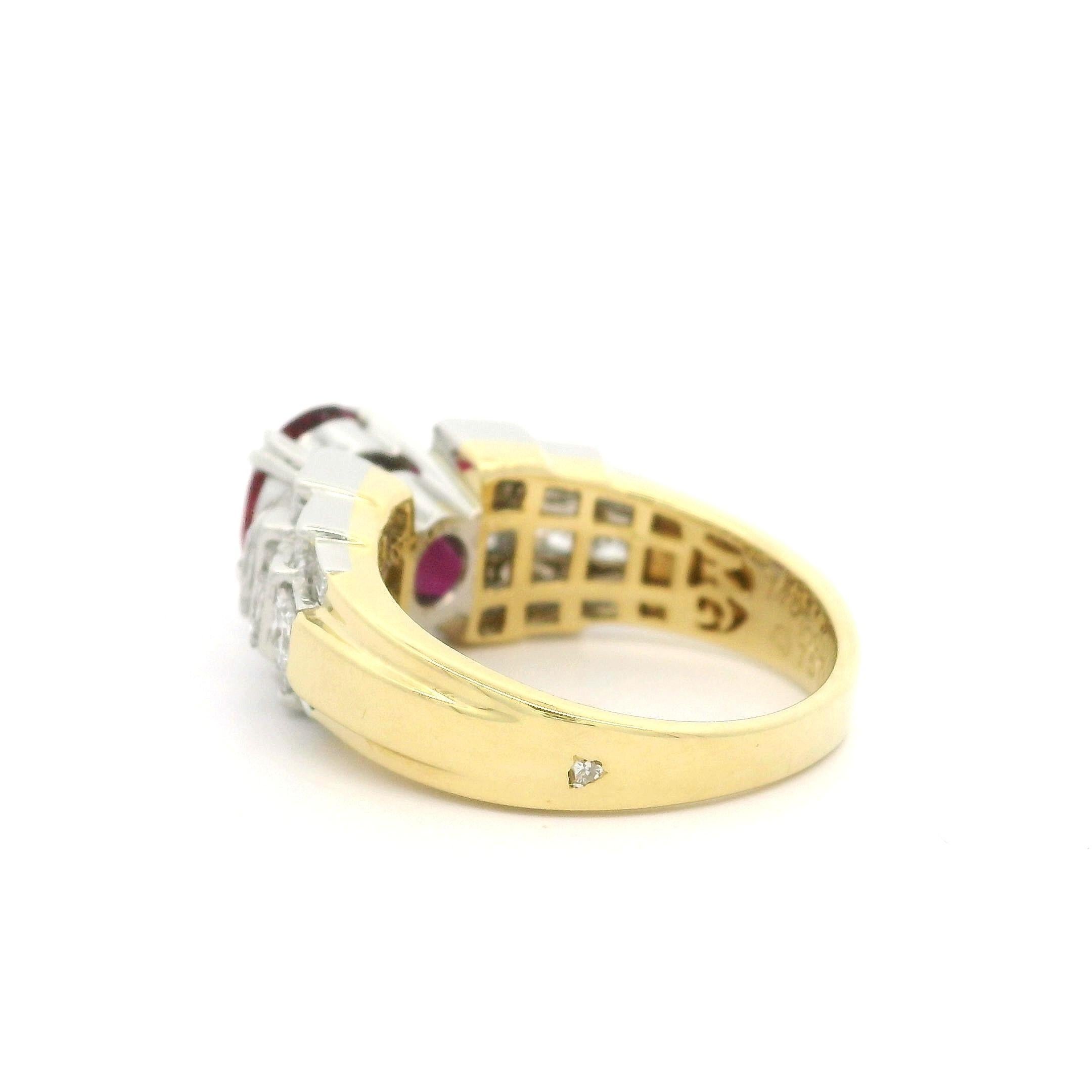 Anillo de oro de 18 quilates y platino AIGS de 2,74 quilates de rubíes y diamantes de lados graduados sin calor 2
